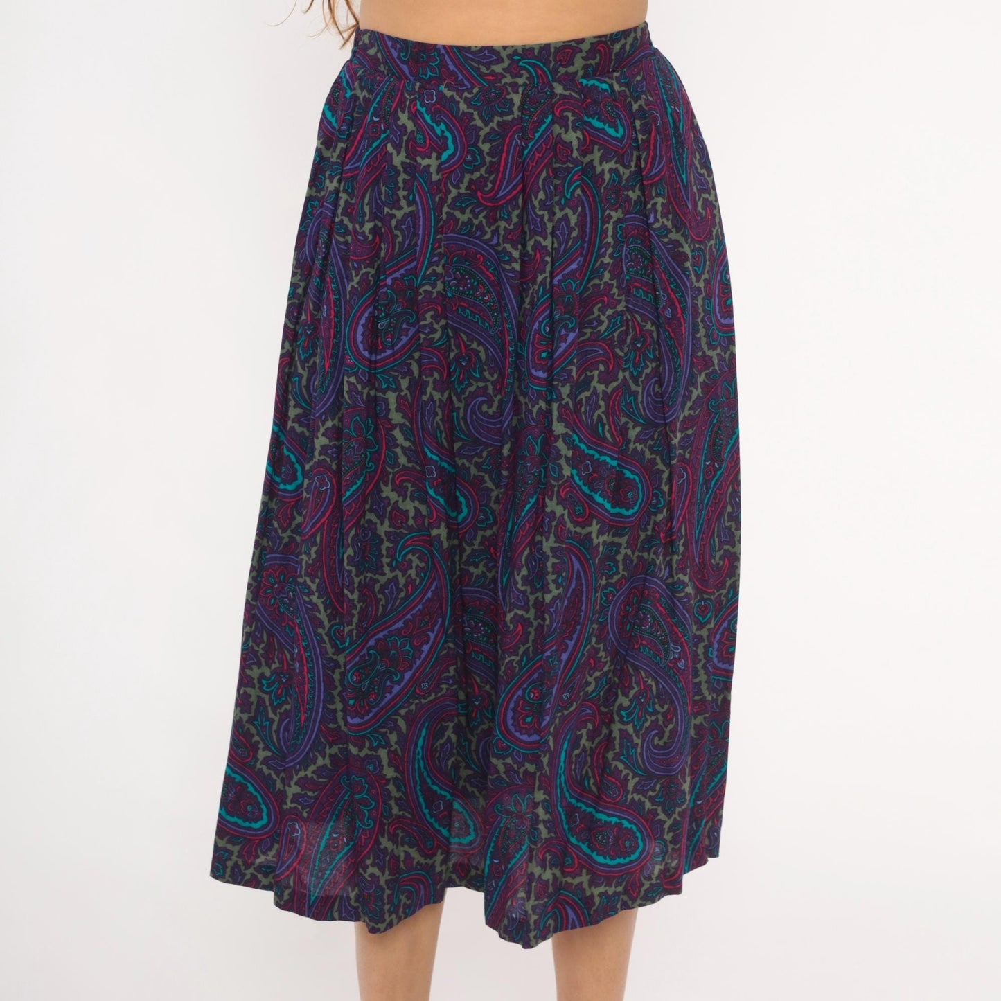 80s Paisley Midi Skirt Purple Teal A-Line Gathered Waist Small Medium