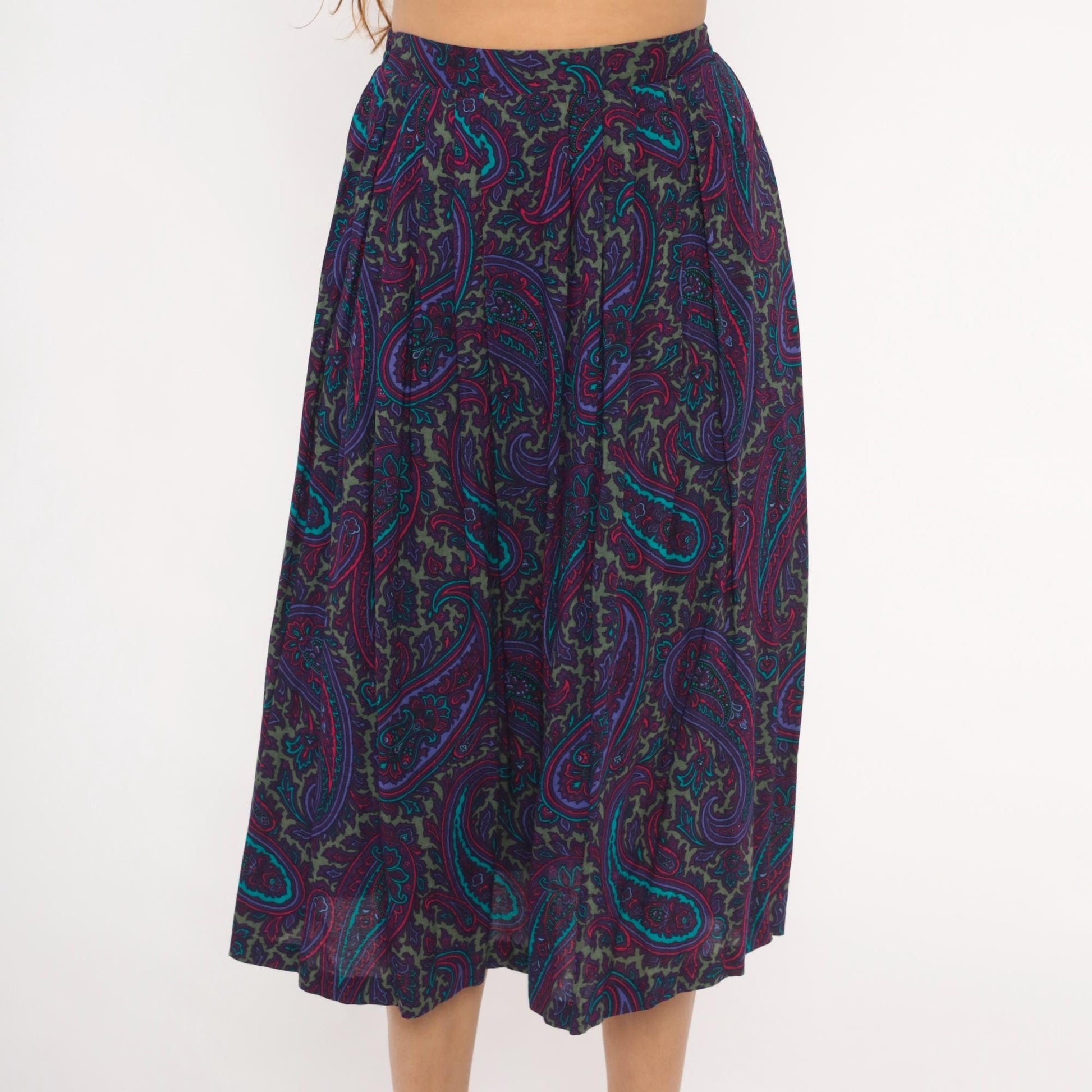 80s Paisley Midi Skirt Purple Teal A-Line Gathered Waist Small Medium