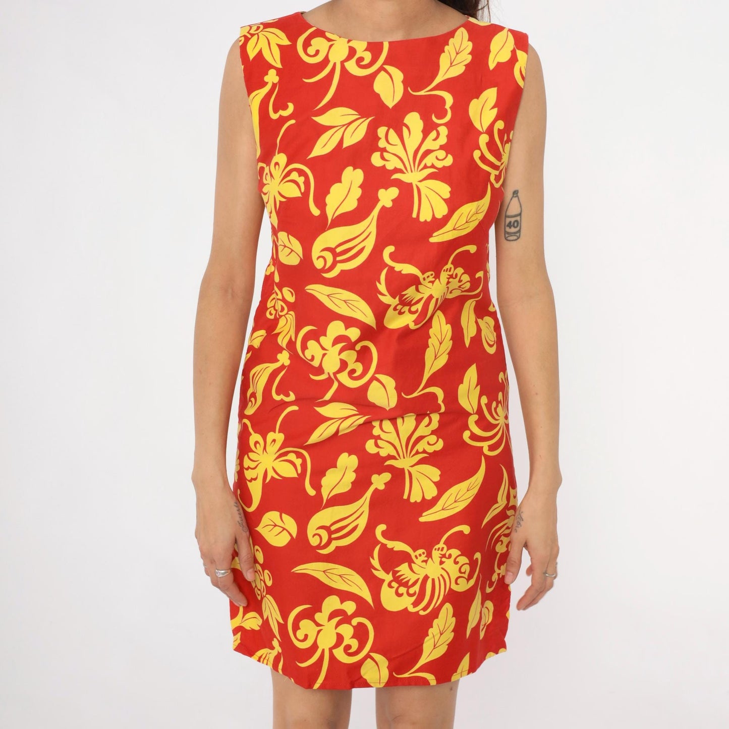 90s Red Floral Shift Dress Yellow Botanical Print Mini Small S