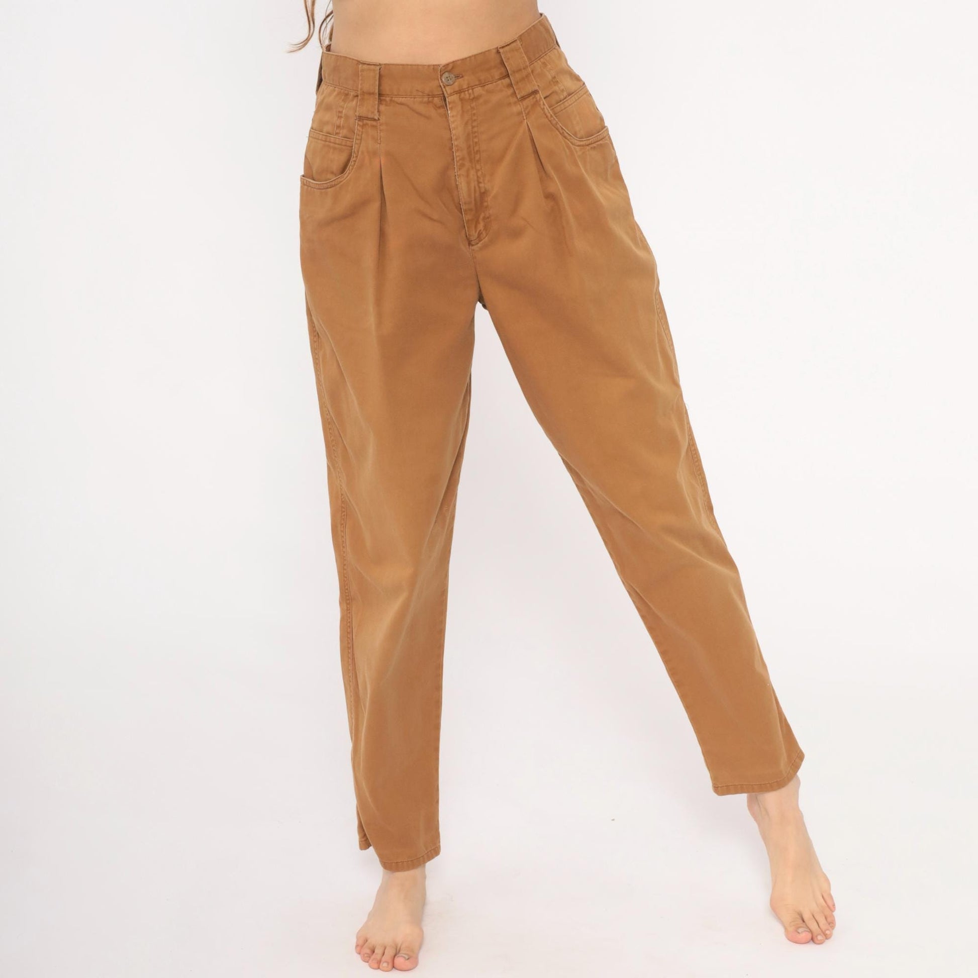 90s Pleated Trousers Mustard Cotton High Waisted Tapered Small S