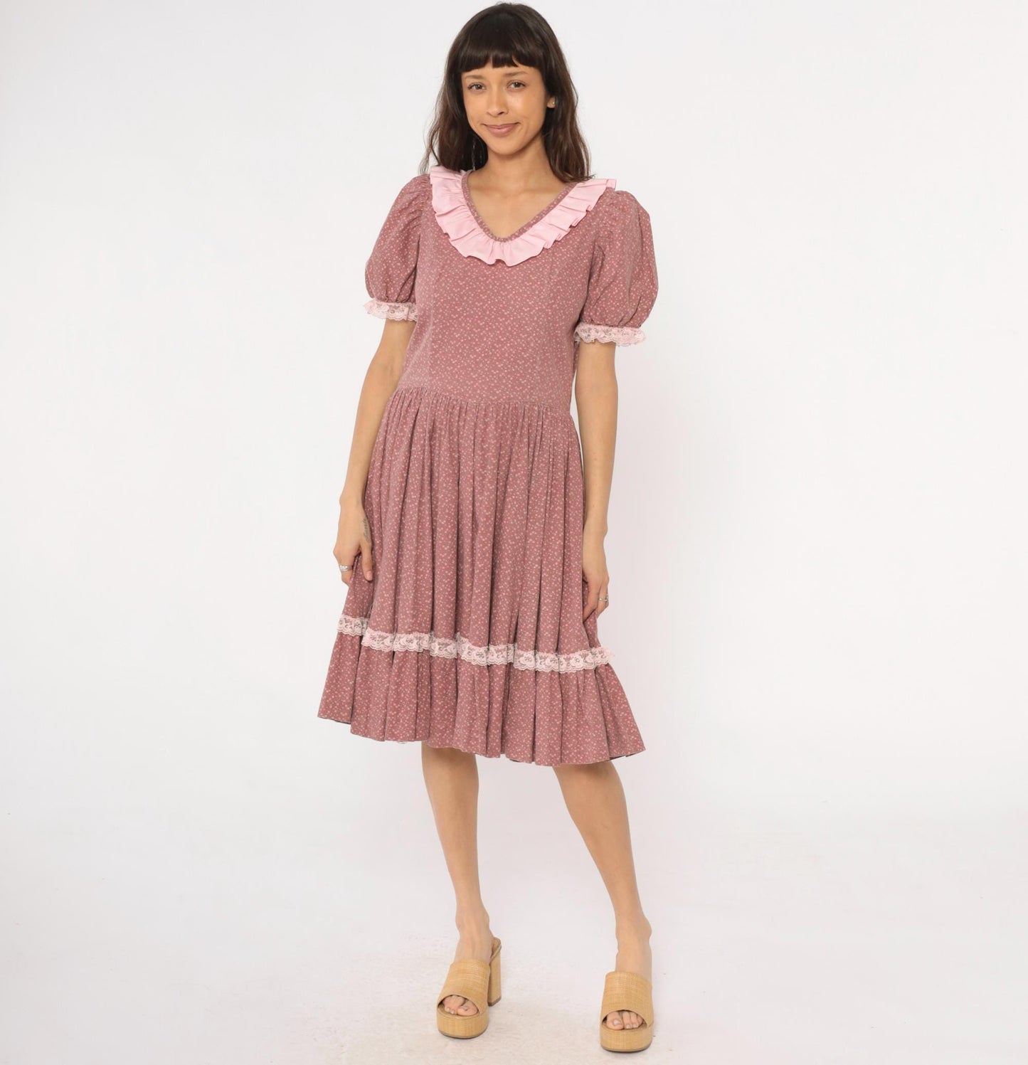 70s Prairie Dress Floral Dusty Rose Puff Sleeve Ruffle Collar Lace Trim Large L