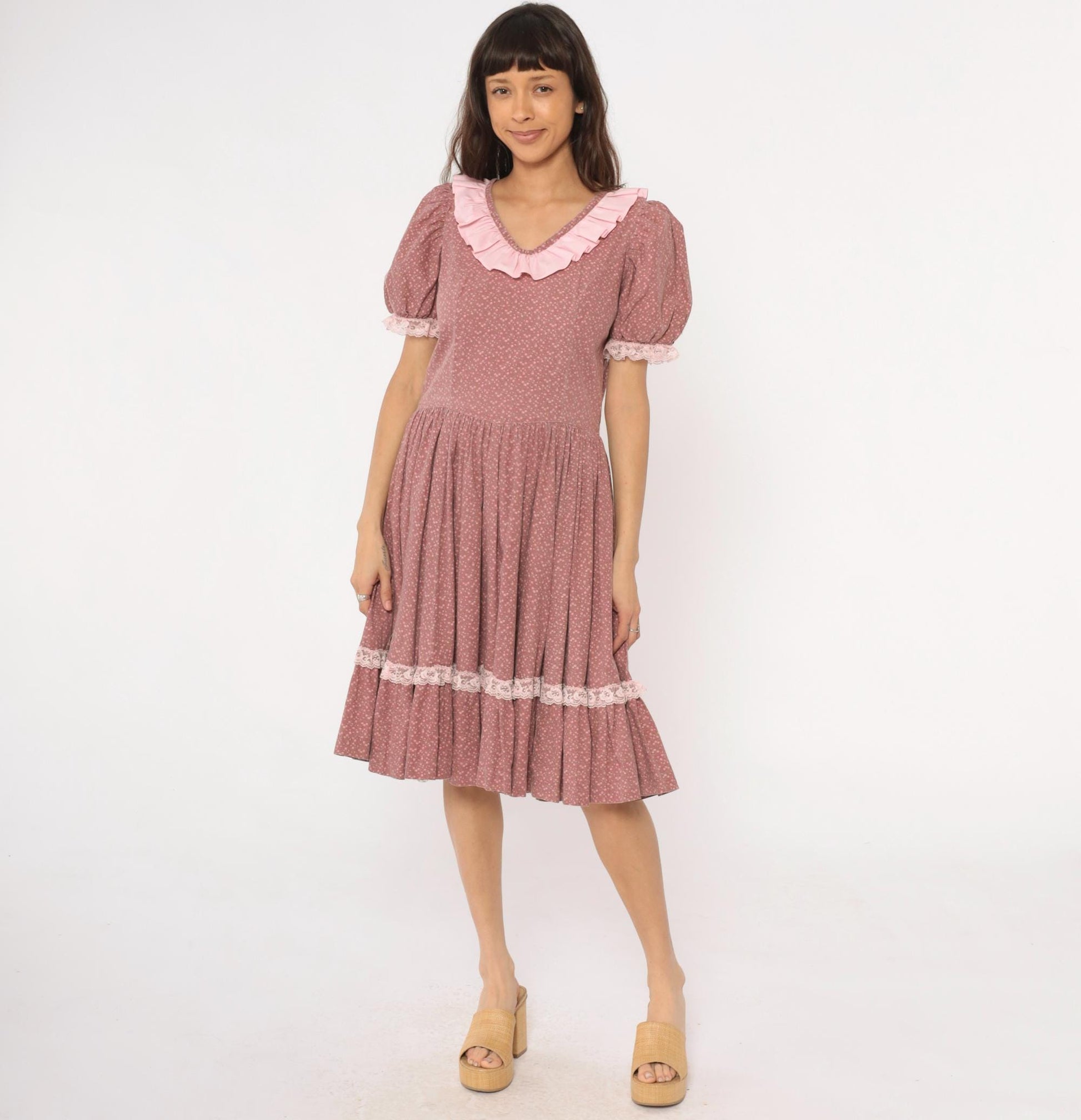 70s Prairie Dress Floral Dusty Rose Puff Sleeve Ruffle Collar Lace Trim Large L