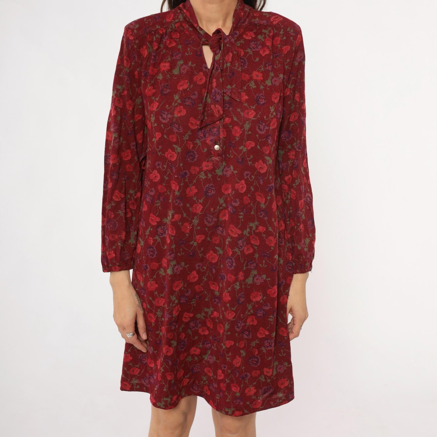 80s Burgundy Floral Midi Dress Long Sleeve Tie Neck Button Front Medium