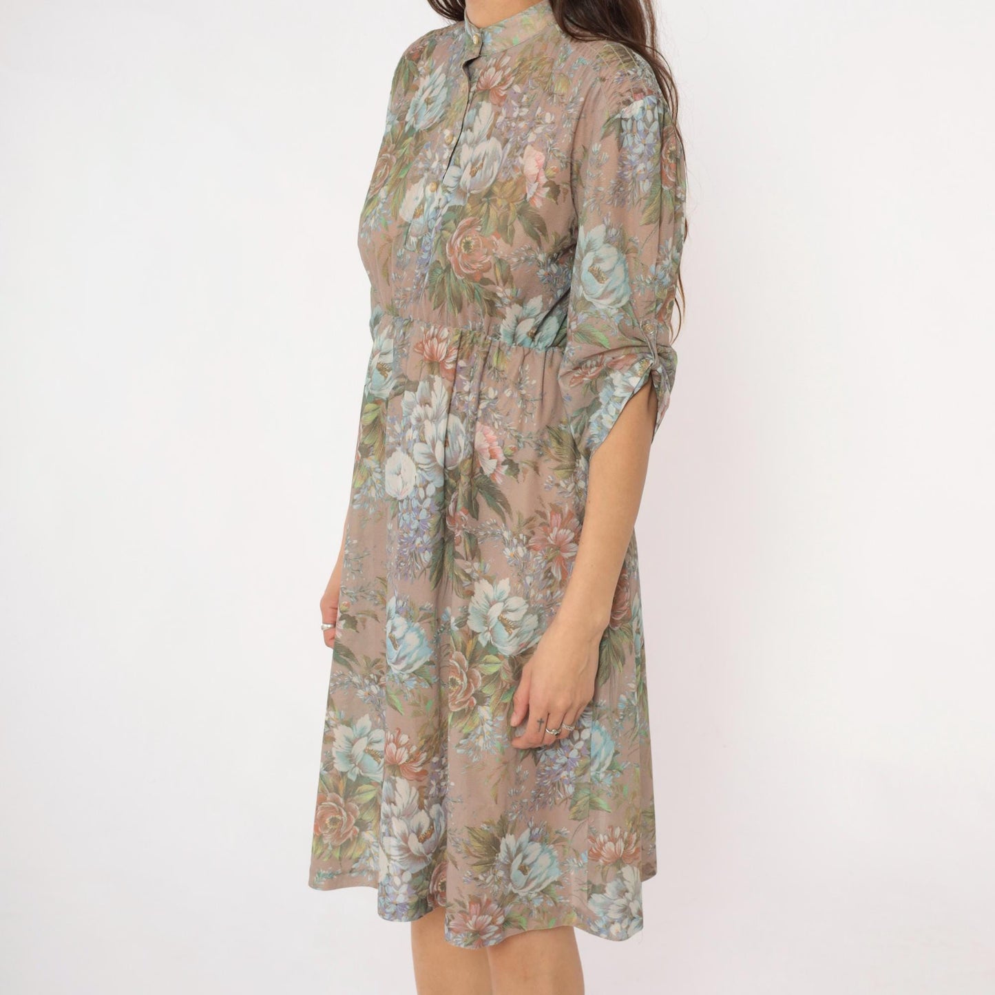 80s Floral Button-Front Dress Sheer Polyester Taupe Pink Green Small