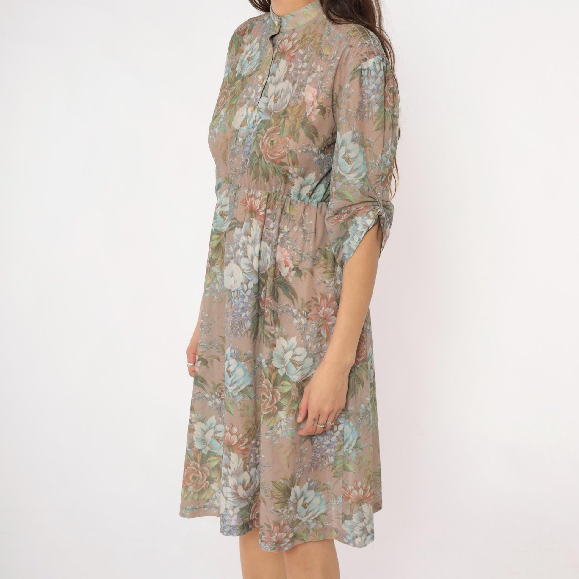 80s Floral Button-Front Dress Sheer Polyester Taupe Pink Green Small