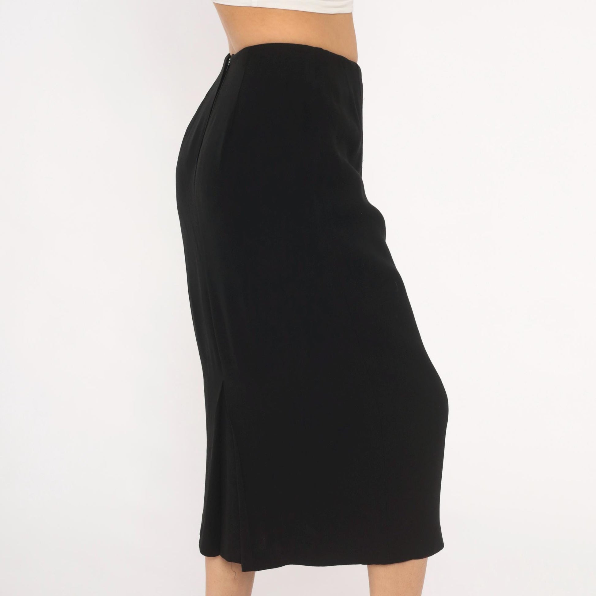 90s Noelle Black Pencil Skirt Midi High Waist Back Zip Small S