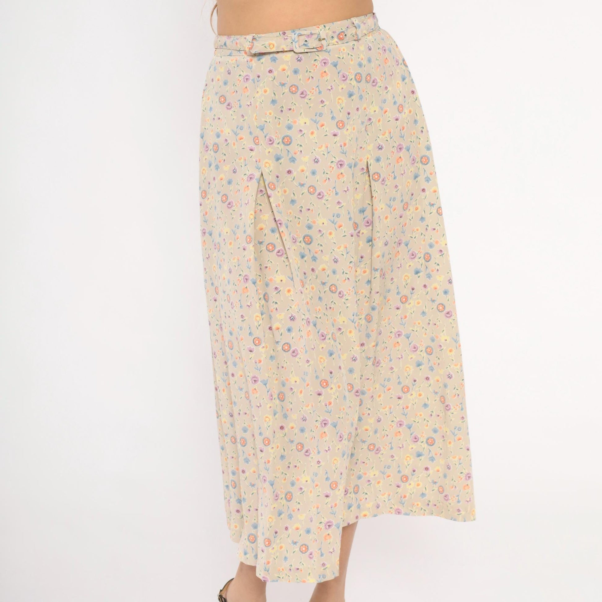 80s FT Studio Floral Midi Skirt Cream Pastel Ditsy Small Medium