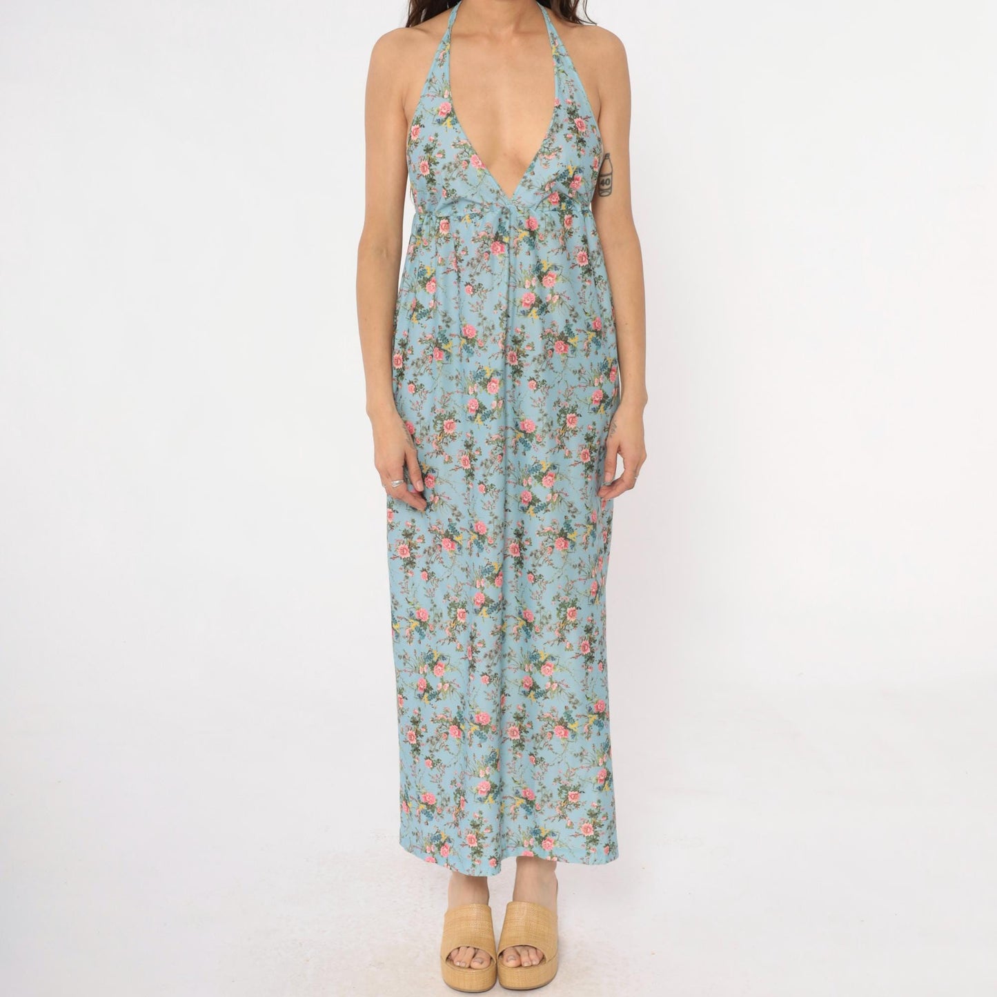 70s Light Blue Floral Maxi Halter Dress Empire Waist Pink Roses Small