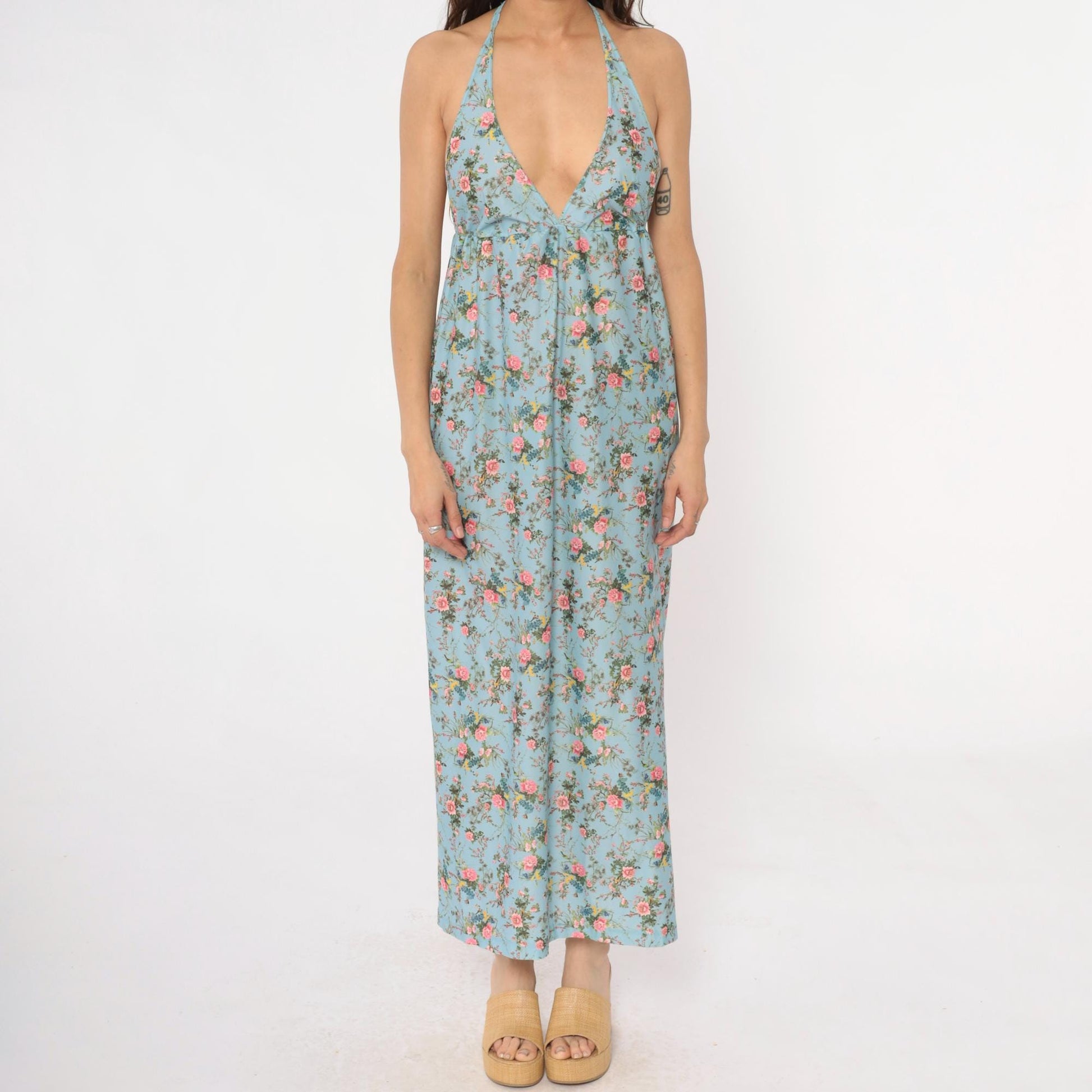 70s Light Blue Floral Maxi Halter Dress Empire Waist Pink Roses Small