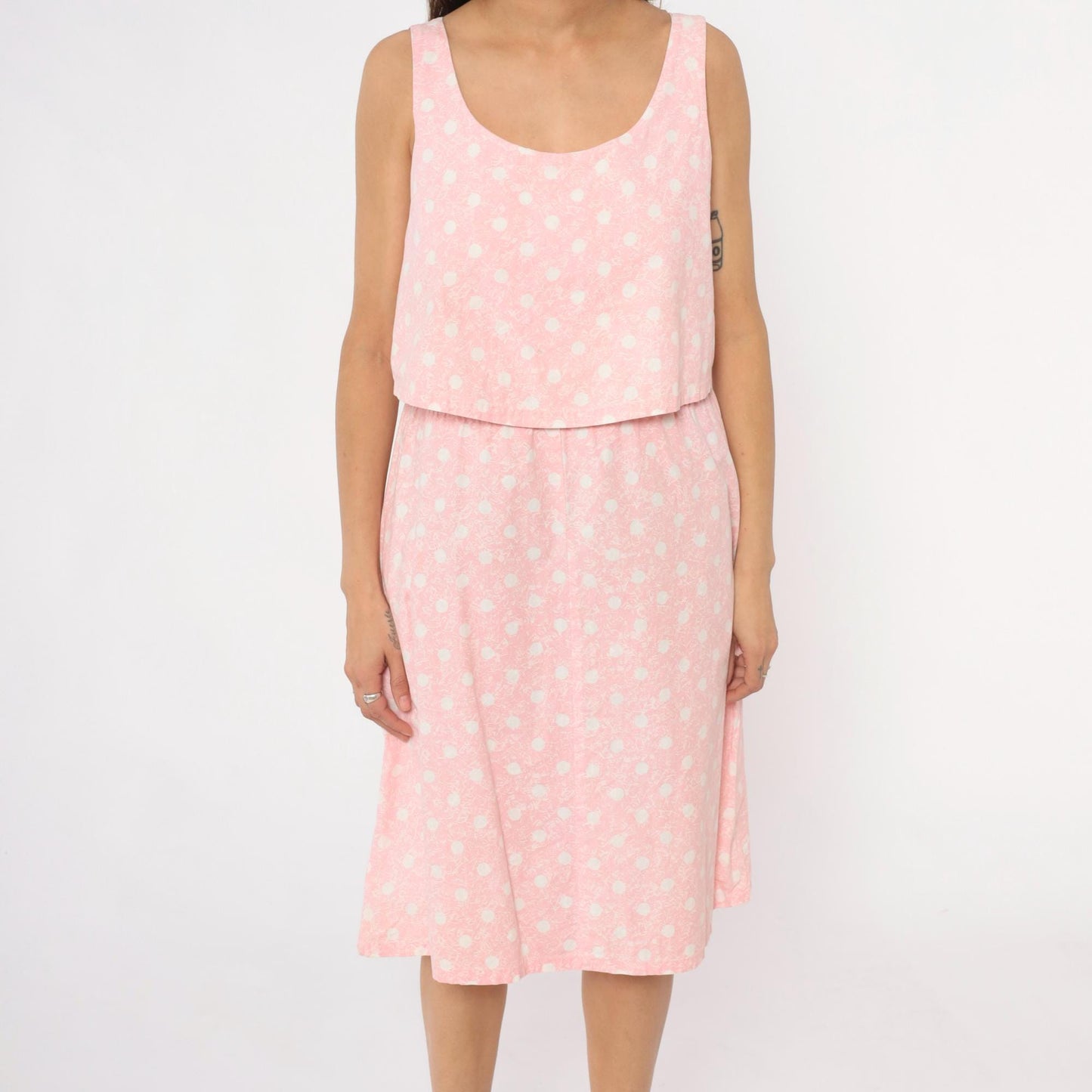 90s Pink Polka Dot Cotton Sundress Sleeveless Scoop Neck Medium M