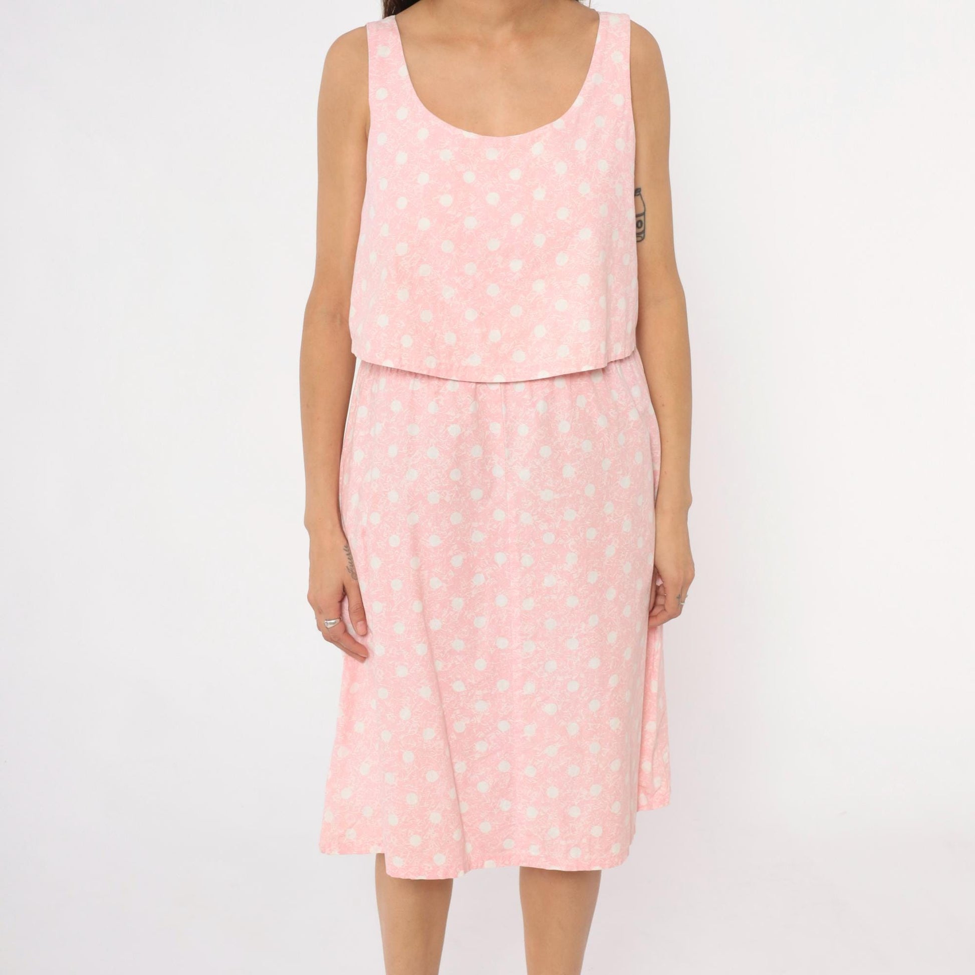 90s Pink Polka Dot Cotton Sundress Sleeveless Scoop Neck Medium M