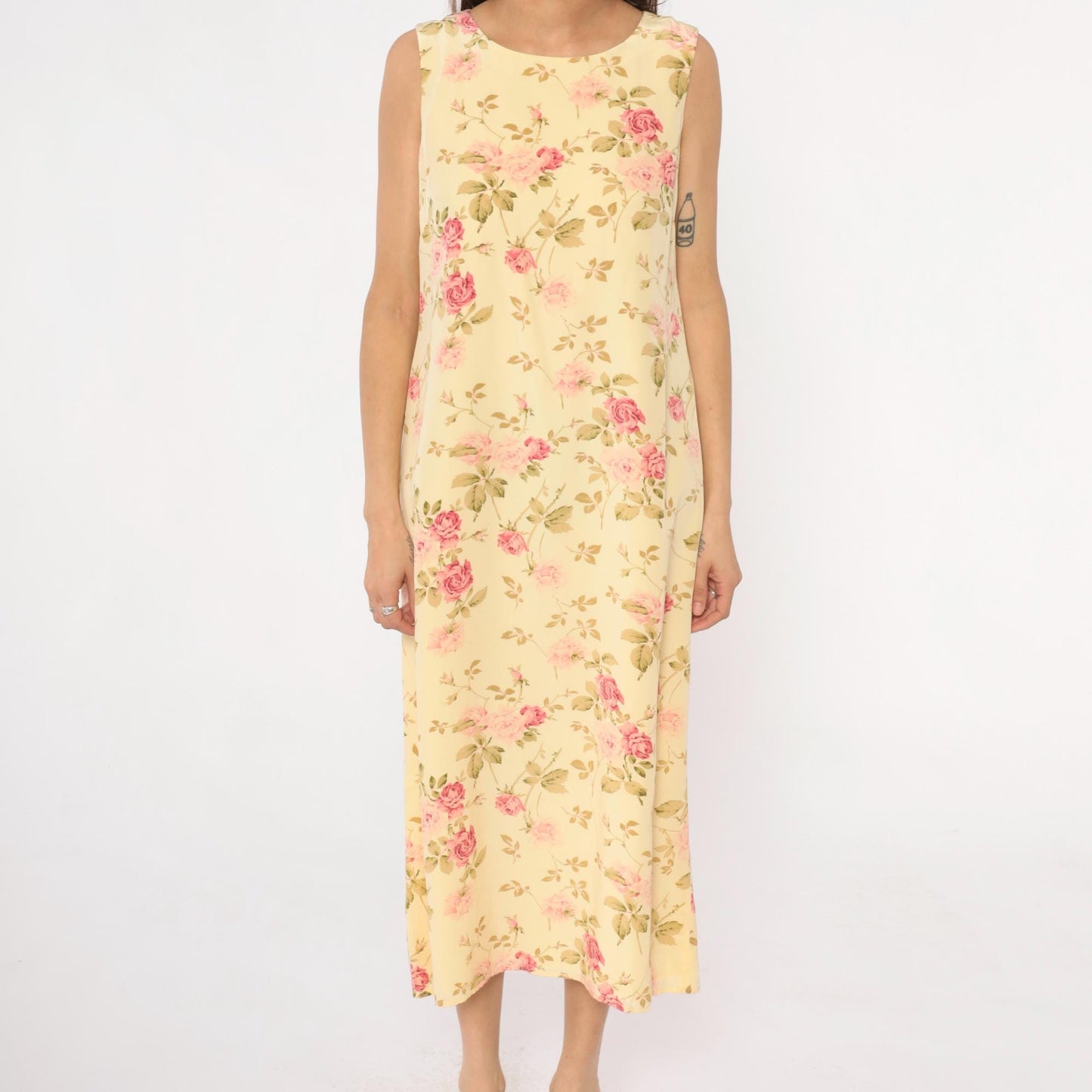 90s Silk Maxi Dress Yellow Floral Rose Print Shift Sleeveless Large L