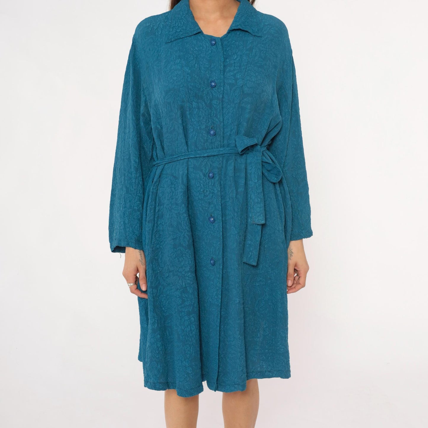 Y2K Teal Jacquard Floral Duster Robe Tie Belt Collared Long Sleeve Large