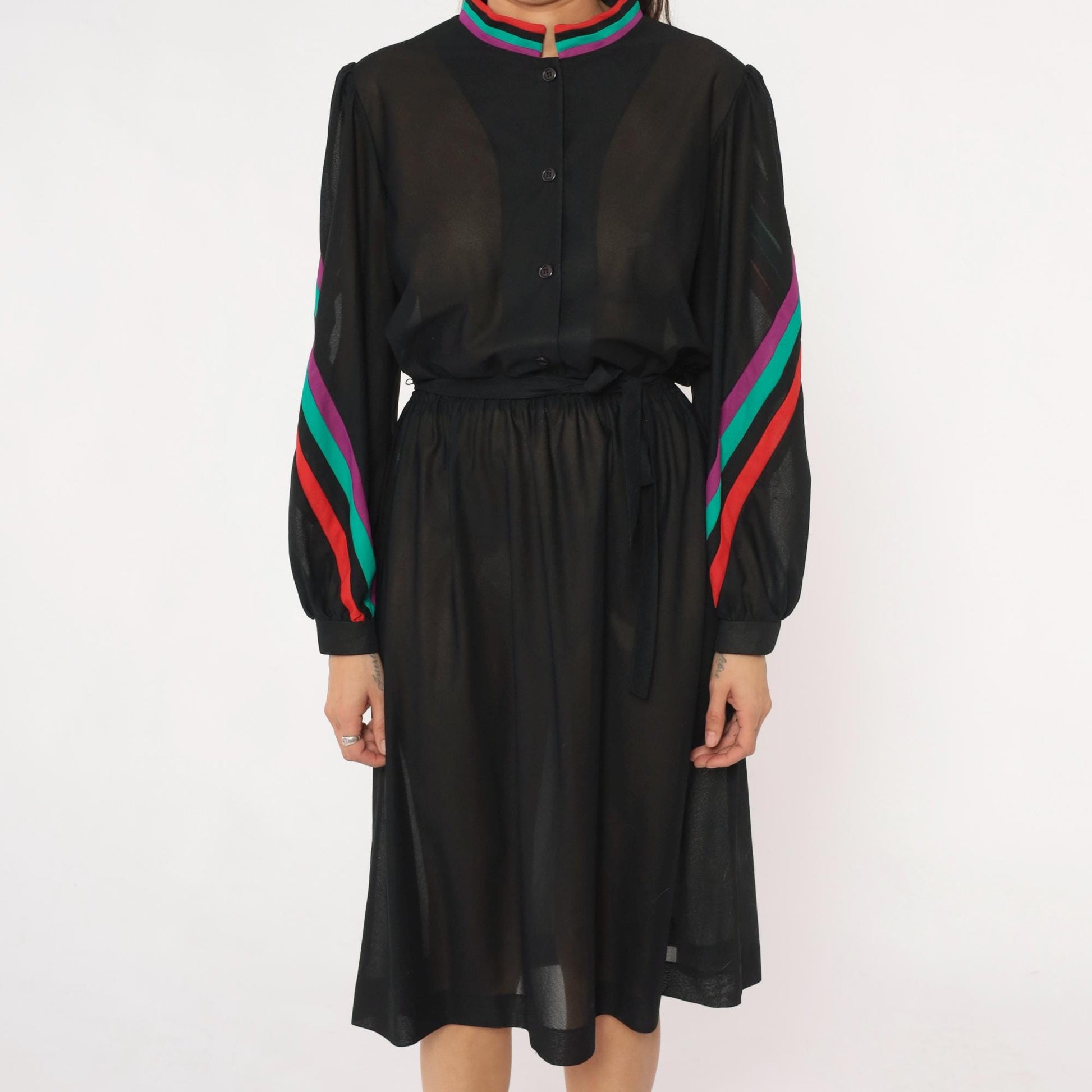80s Blair Black Dress Striped Trim Stand Collar Long Sleeve Knee Length Medium