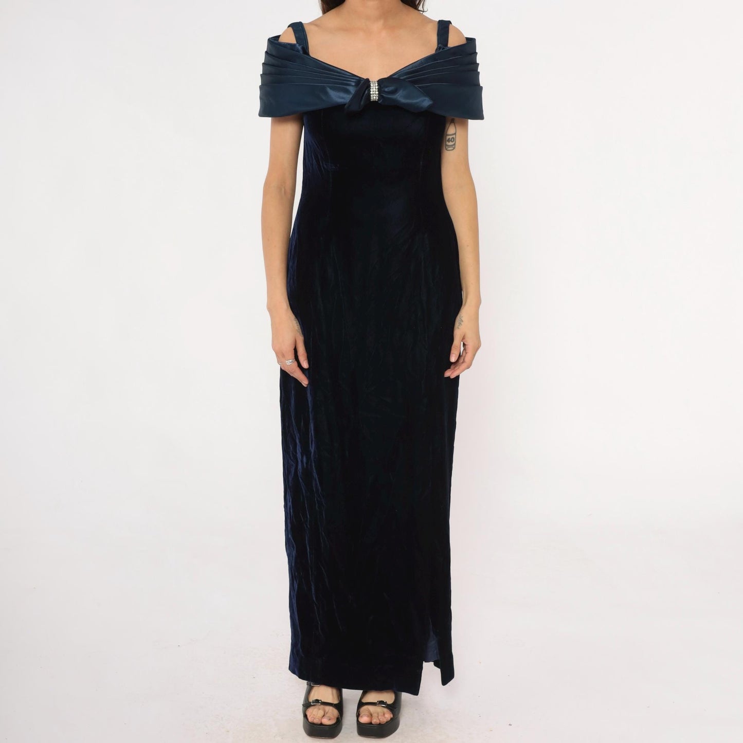 90s Navy Velvet Maxi Dress Off-Shoulder Bow Rhinestone Medium