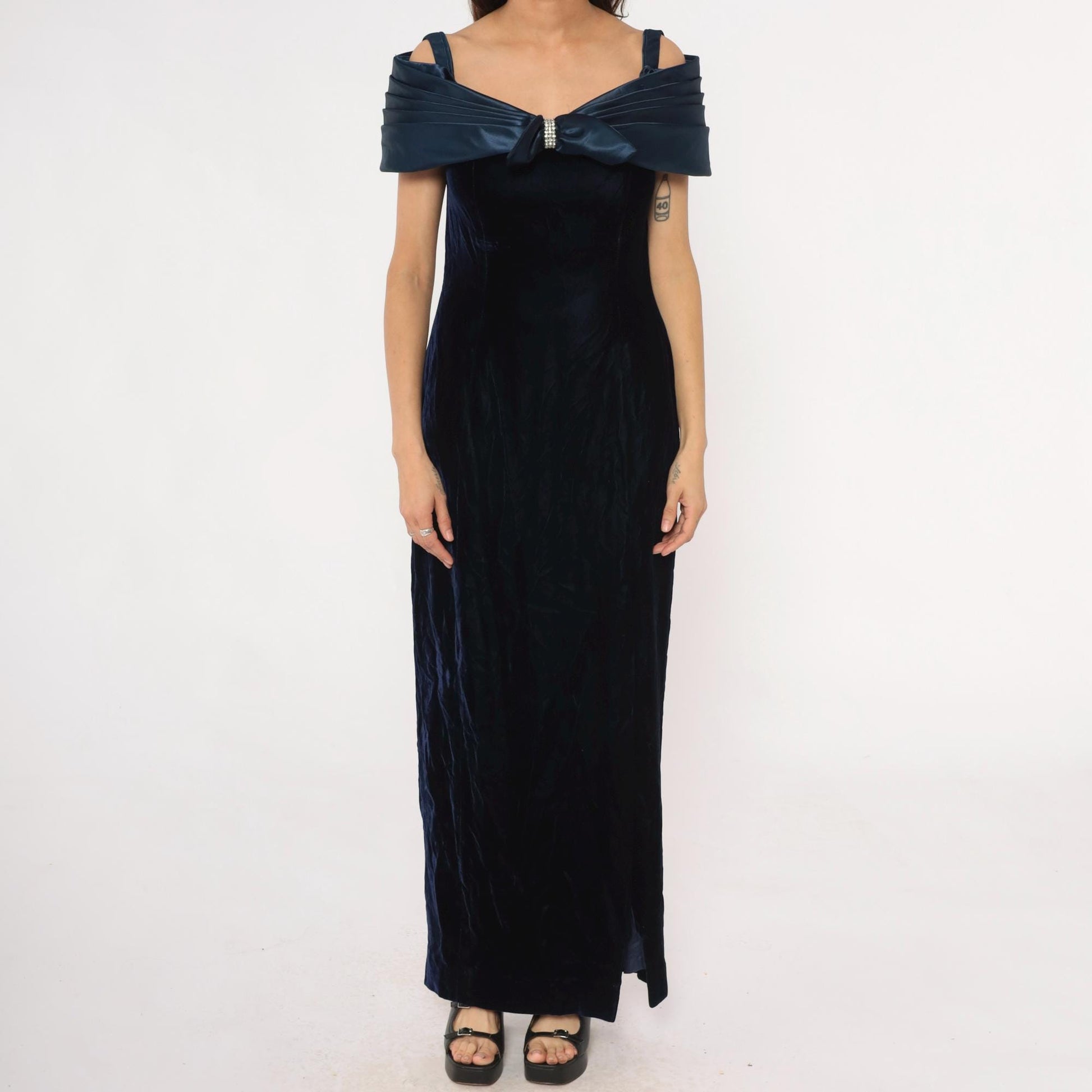 90s Navy Velvet Maxi Dress Off-Shoulder Bow Rhinestone Medium