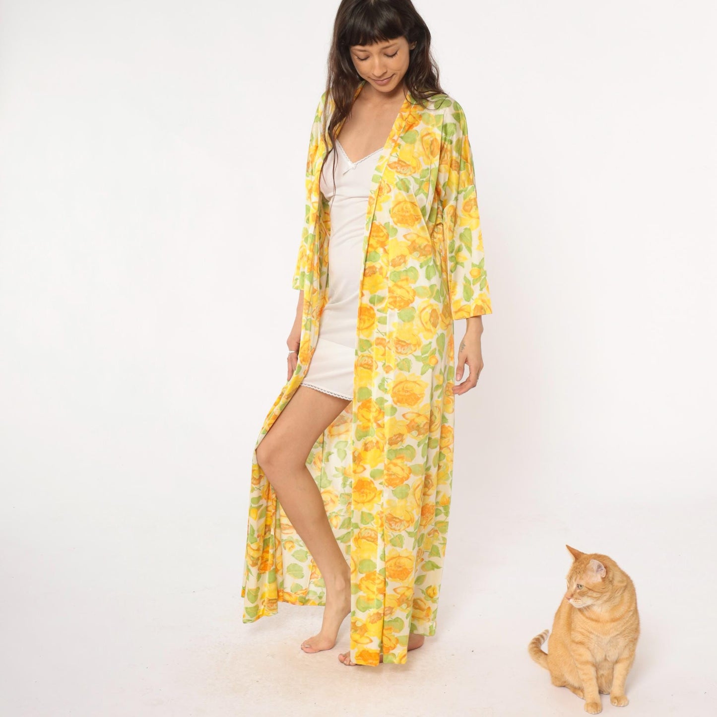80s Vanity Fair Yellow Rose Floral Robe Maxi Duster Shawl Collar Medium