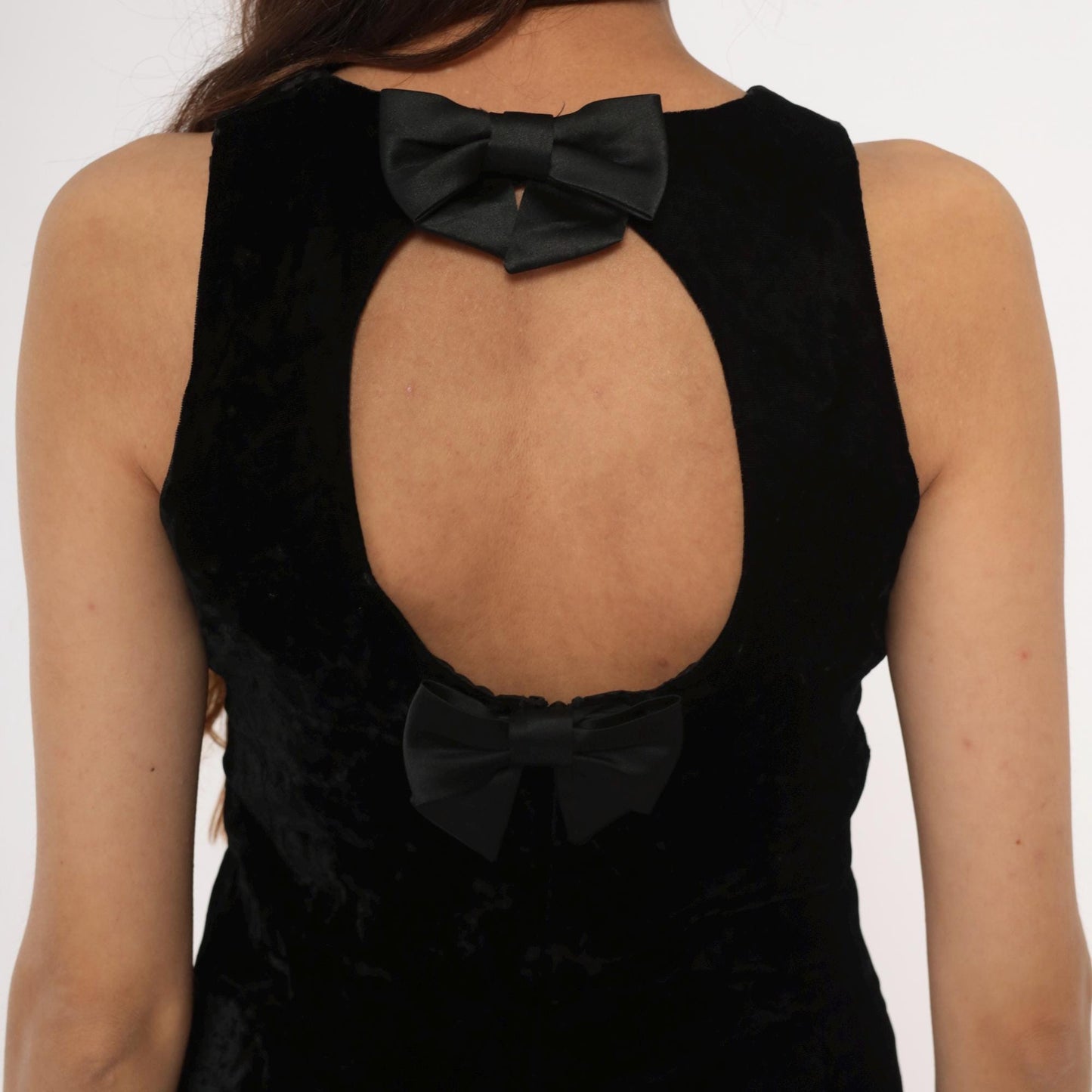 90s Donna Ricco Black Velvet Mini Dress Open Back Bow Medium