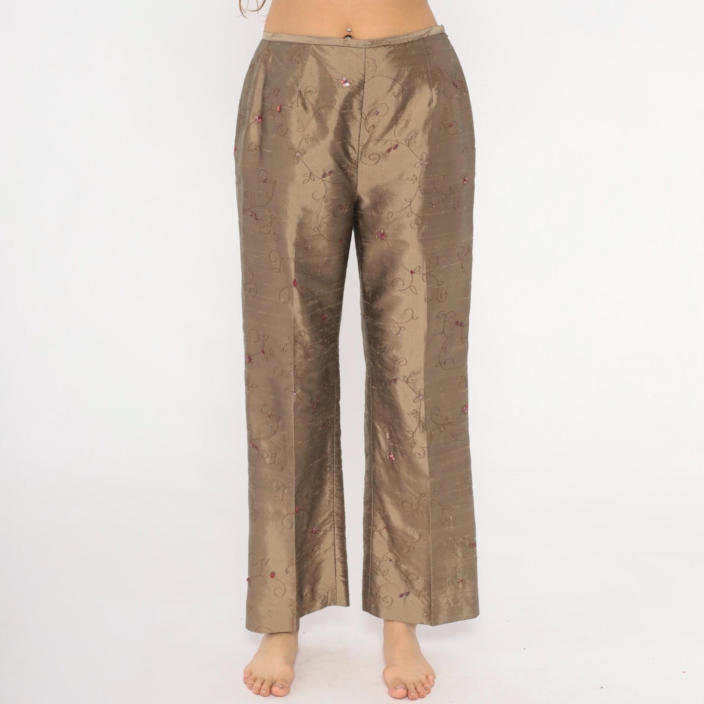 2000s Depeche Mode Silk Trousers Embroidered Floral Tan Low Rise Straight Medium M