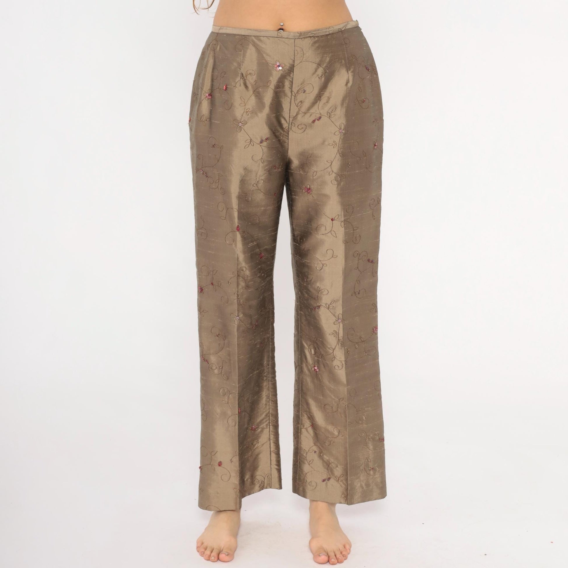 2000s Depeche Mode Silk Trousers Embroidered Floral Tan Low Rise Straight Medium M