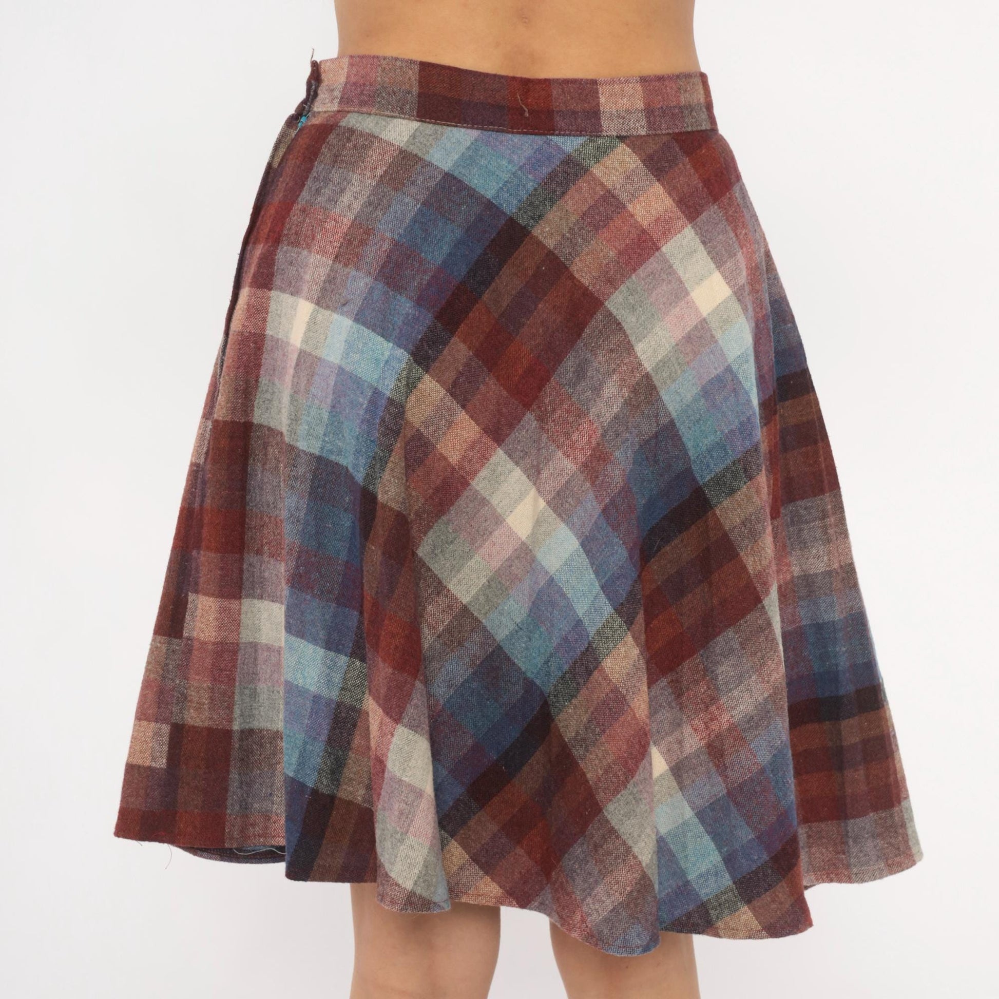 80s Plaid Wool Skirt Knee-Length A-Line Burgundy Purple Blue Checkered Medium M