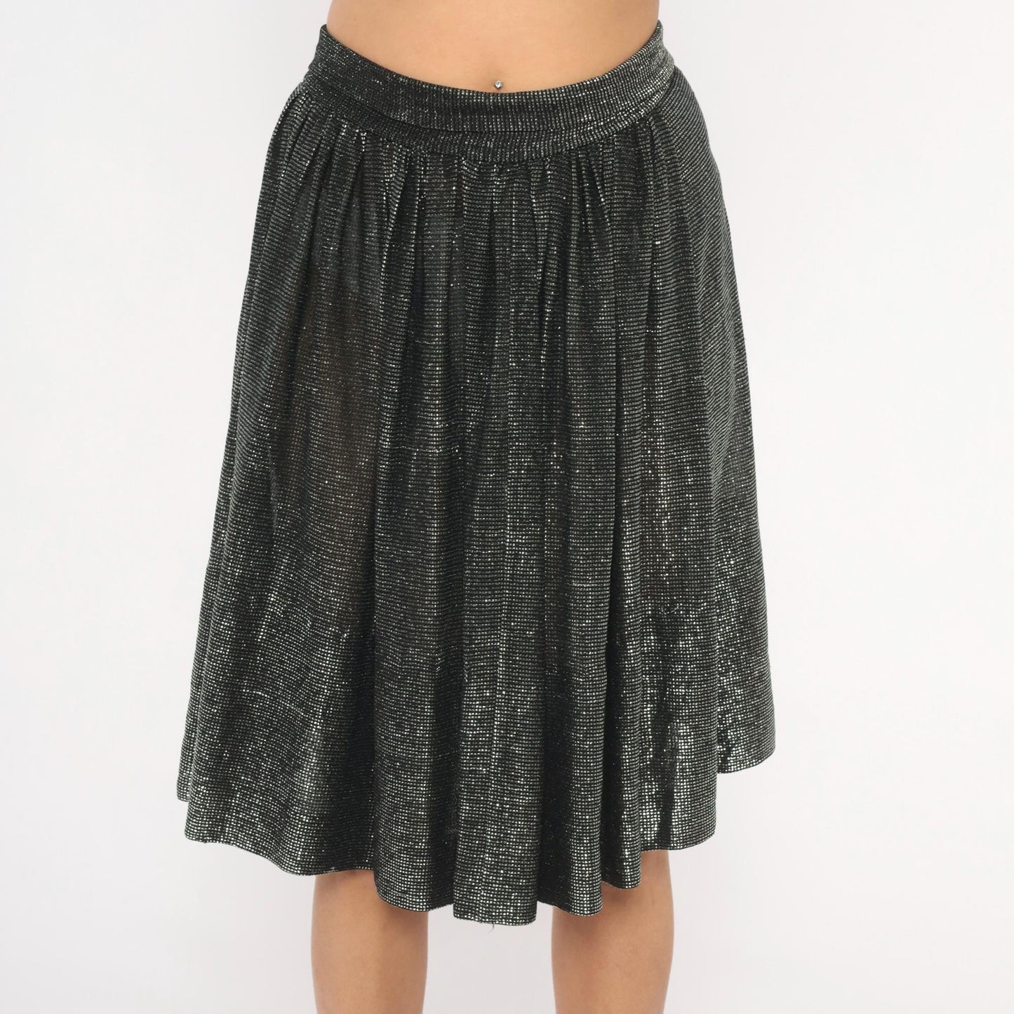 90s Black Silver Metallic Gathered Skirt Knee-Length Shimmer Small S