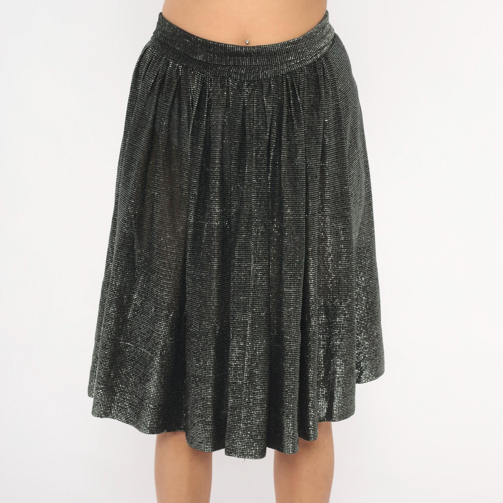90s Black Silver Metallic Gathered Skirt Knee-Length Shimmer Small S