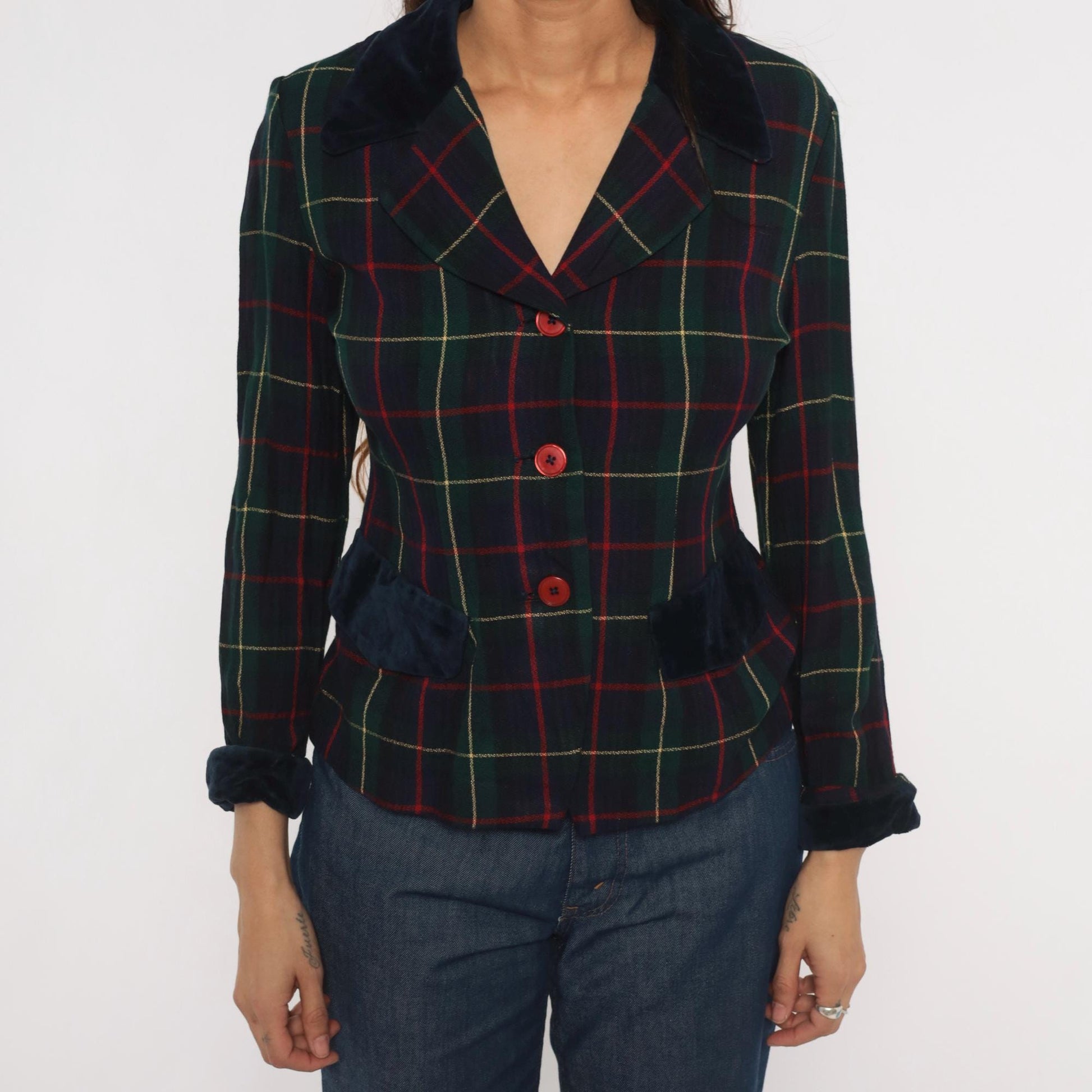 90s Dani Max Tartan Plaid Blazer Velvet Collar Navy Green Red Small S