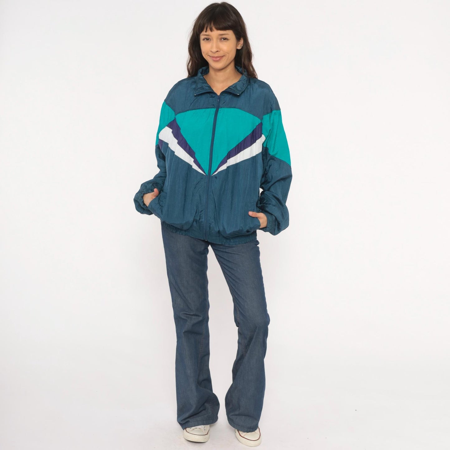90s Champs Style Windbreaker Chevron Colorblock Teal Navy Purple XL