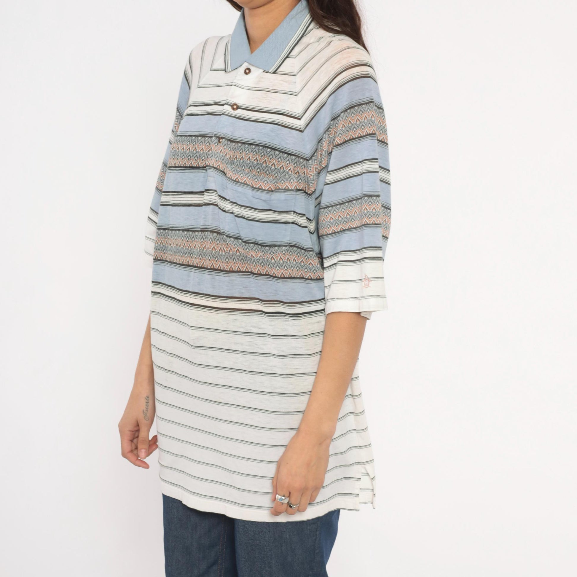 80s Grand Slam Southwestern Polo Striped Knit Diamond Jacquard Sky Blue Large L