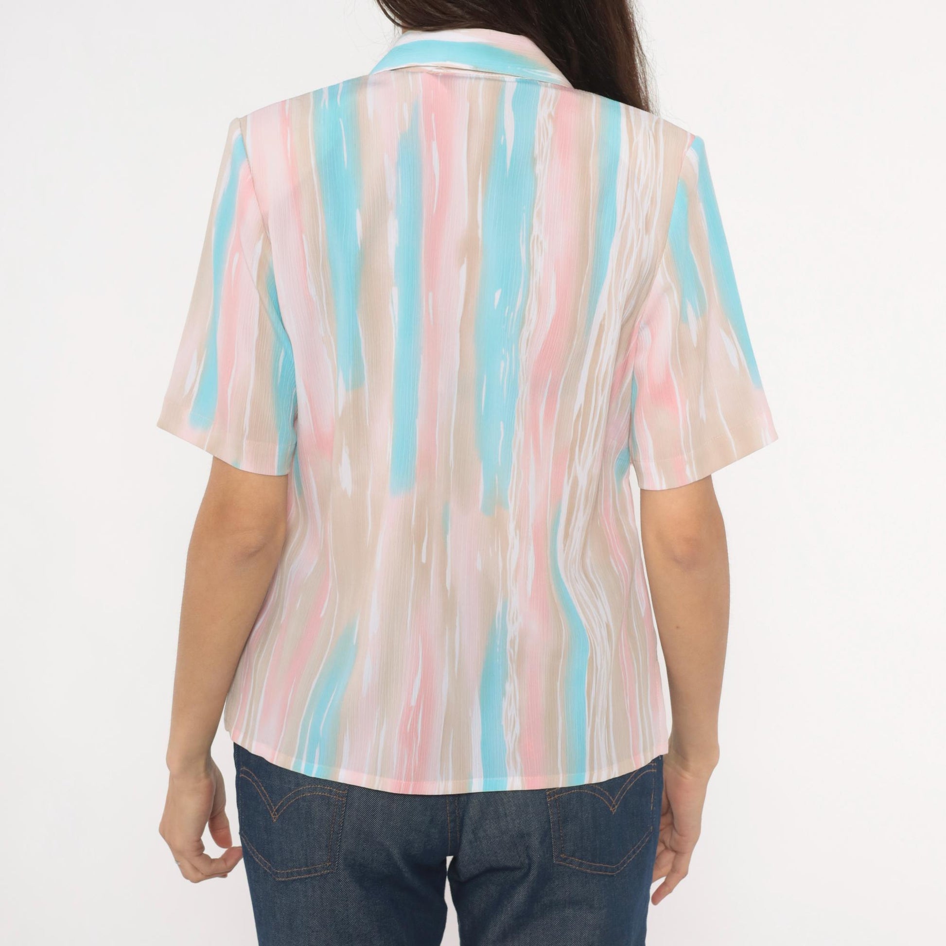 80s Allison Daley Pastel Striped Camp Collar Blouse Small Petite