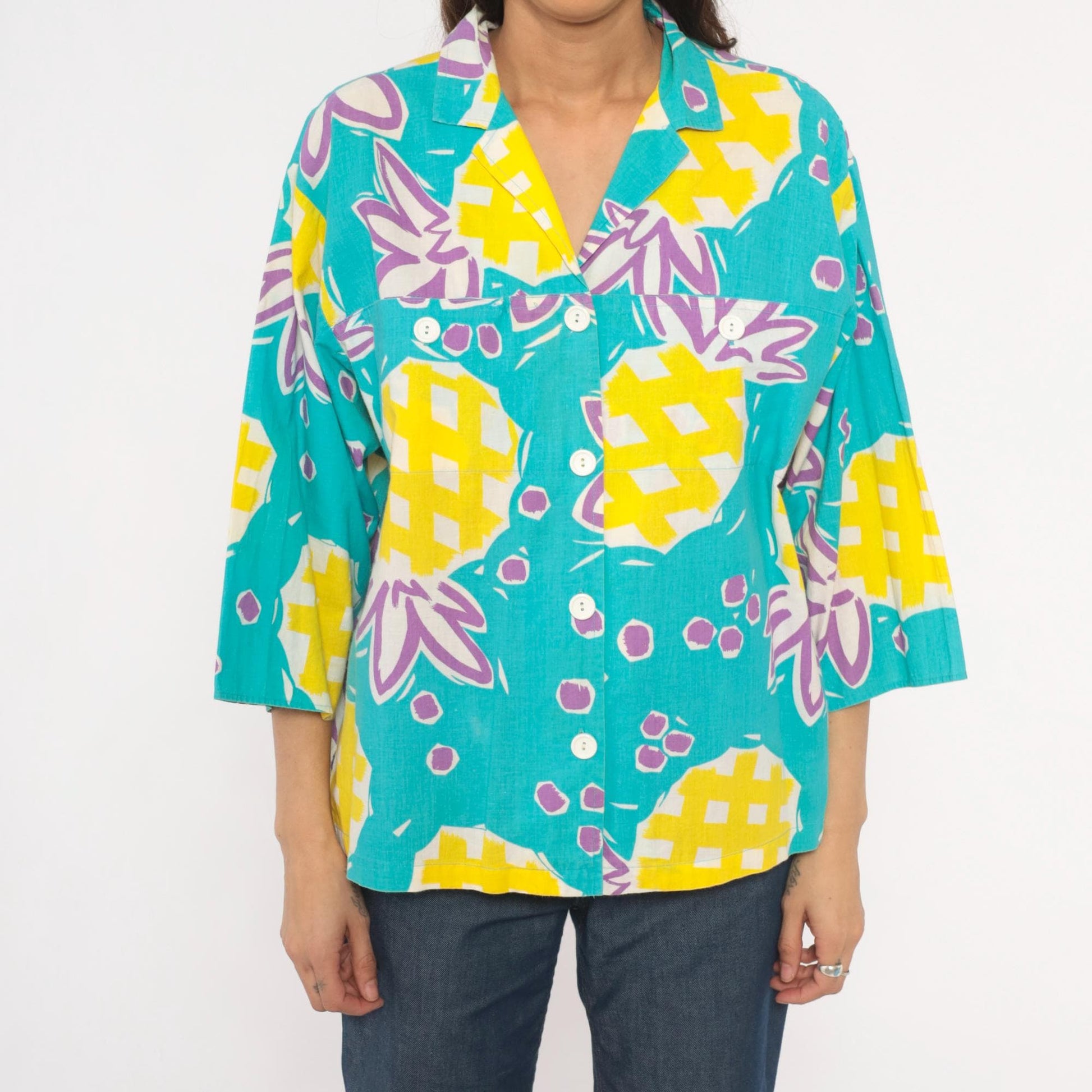 90s Young Hawaii Pineapple Print Blouse Teal Yellow V-Neck Large L