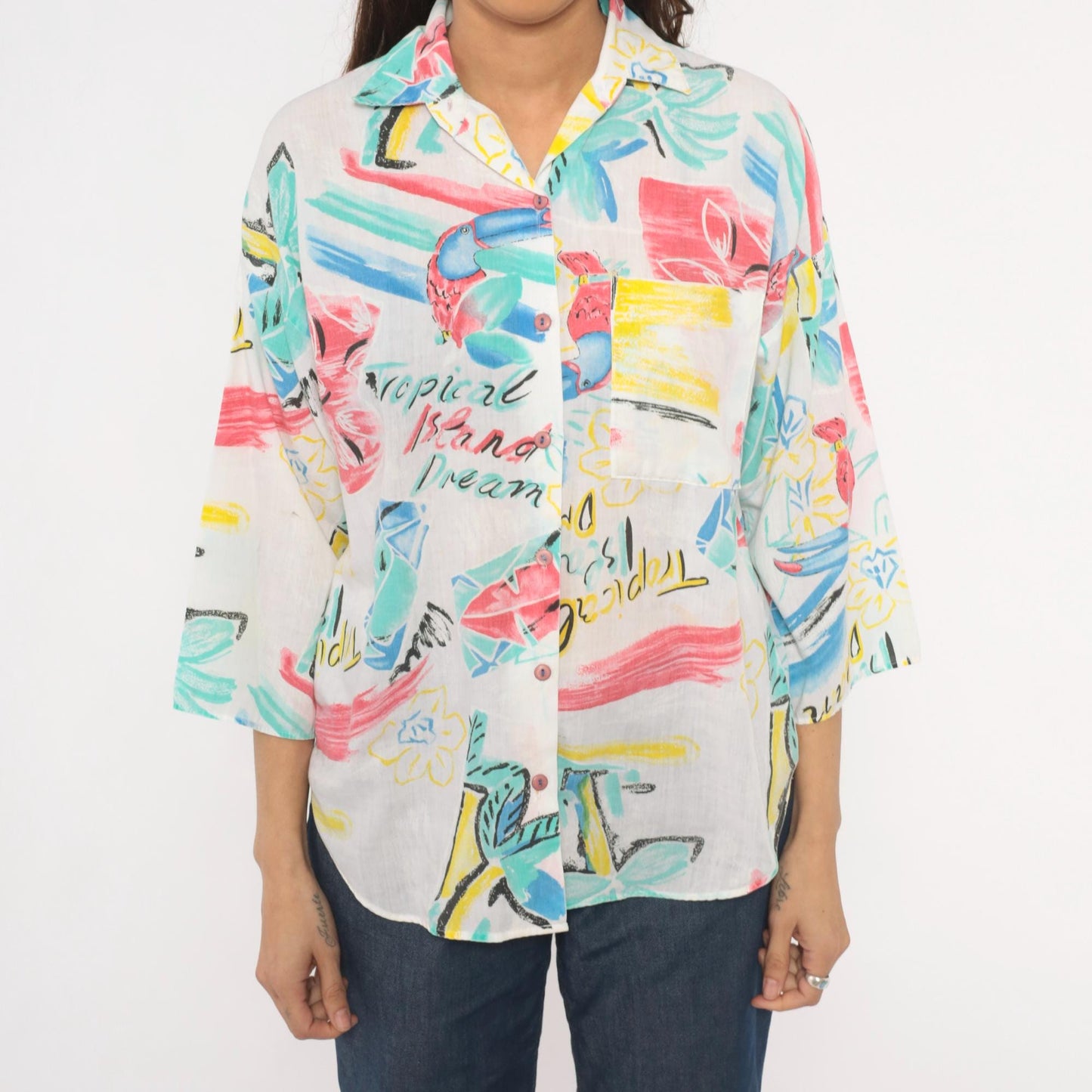 80s Touche LA Tropical Toucan Shirt White Pink Teal Bird Print Large L