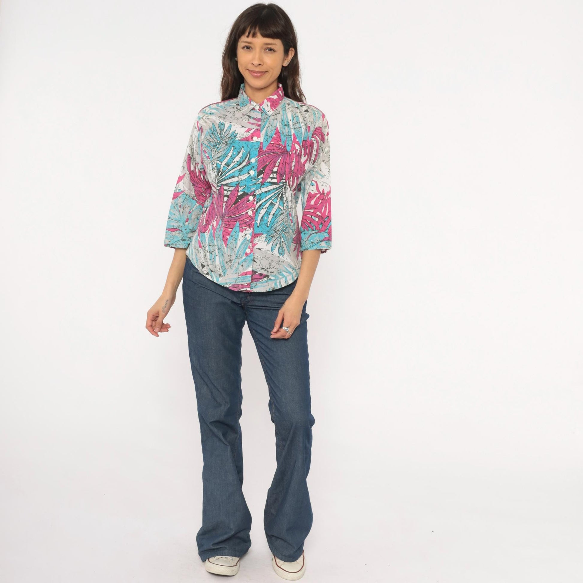 90s Tropical Batik Button Blouse Pink Teal Palm Leaf Three Quarter Sleeve Medium M