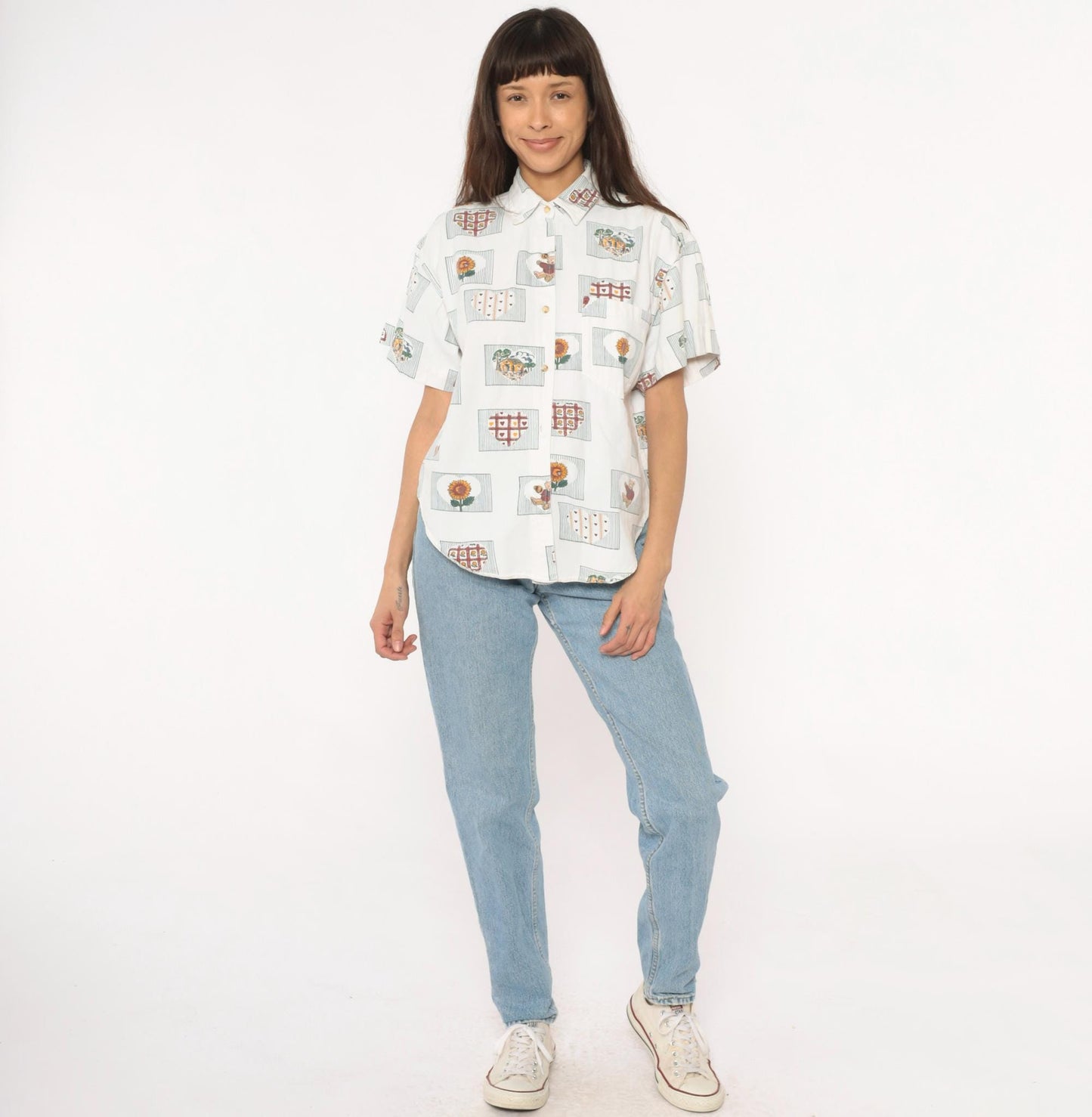 90s Cream Cotton Button-Up Shirt Sunflower Teddy Bear Heart Print Large L