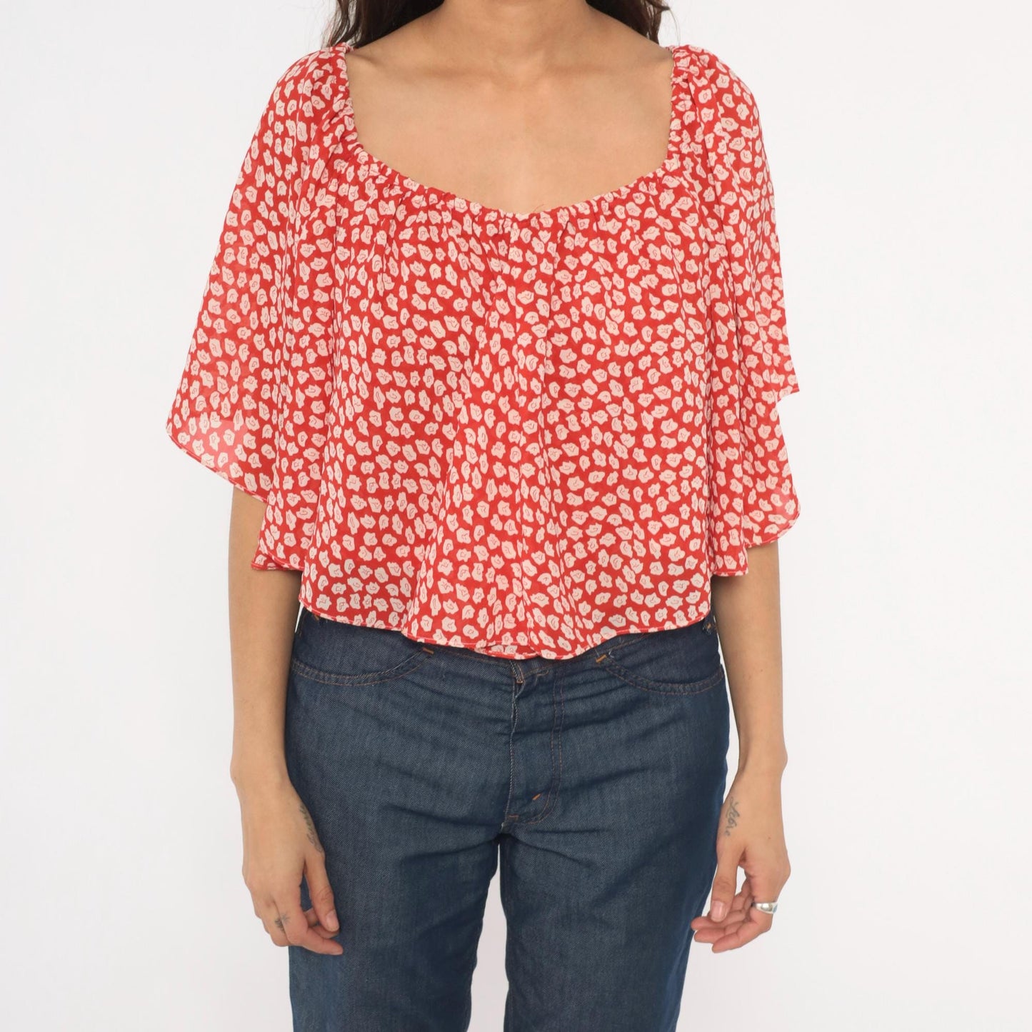 90s Red Floral Off-Shoulder Crop Top Flutter Sleeve White Leaf Print Small