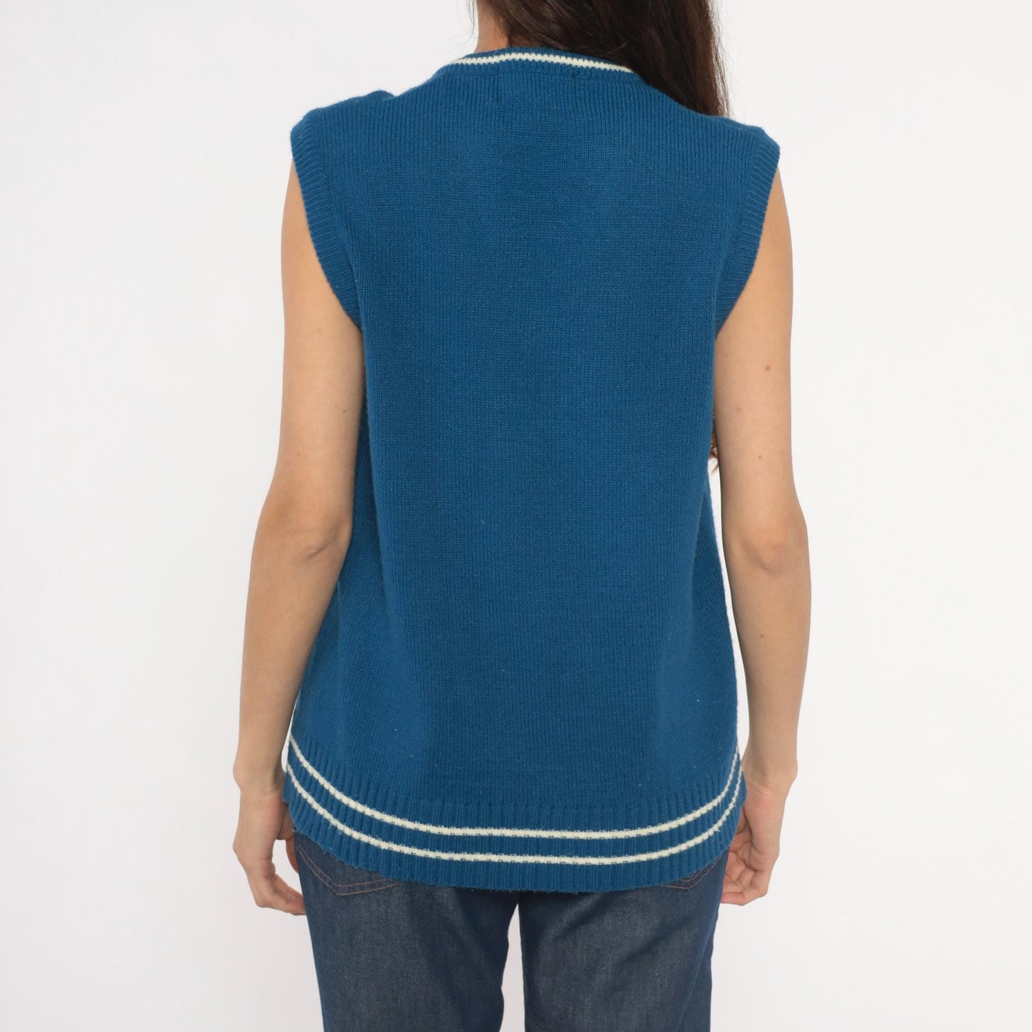 80s VIP Blue Knit Sweater Vest V-Neck Striped Trim Cricket Style Large