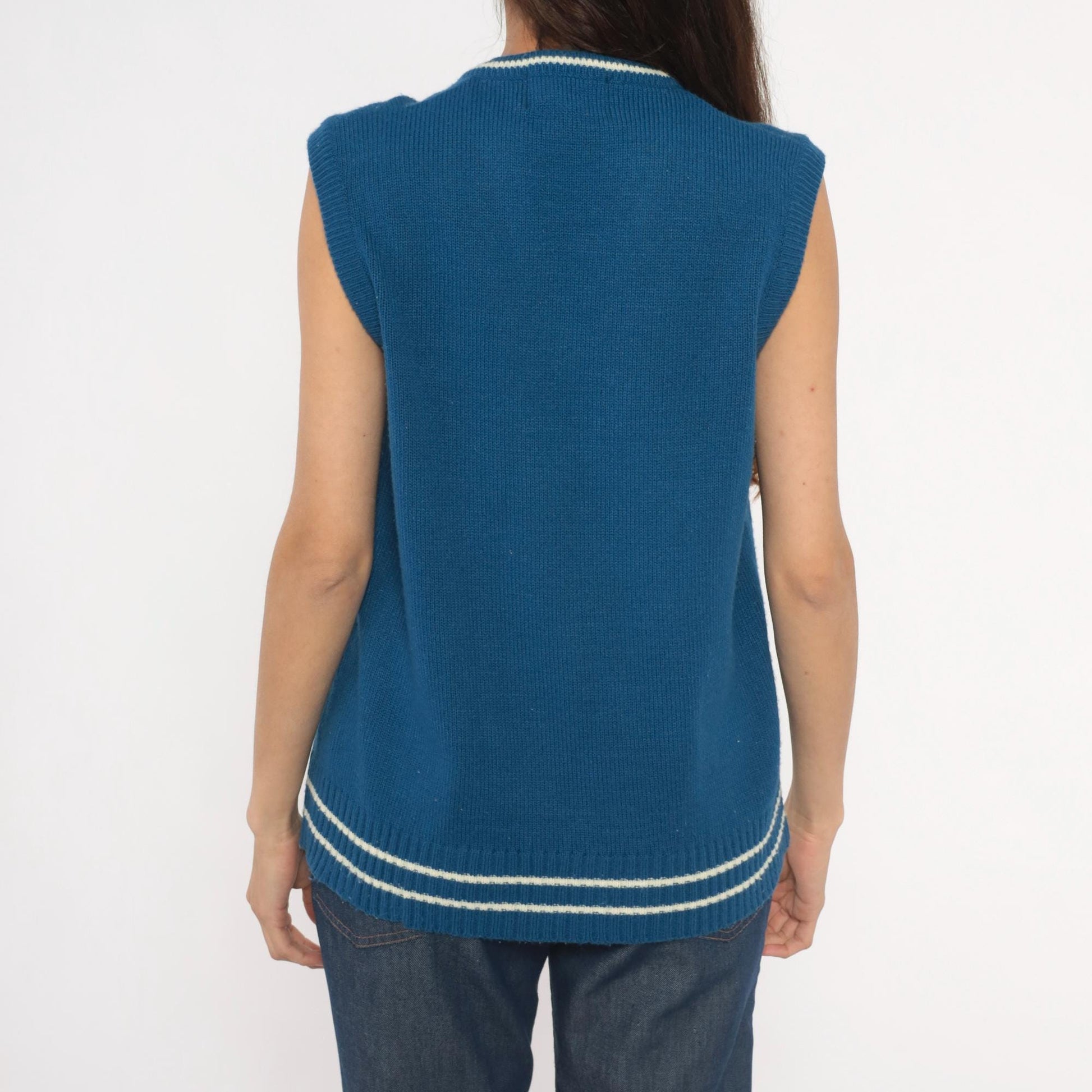 80s VIP Blue Knit Sweater Vest V-Neck Striped Trim Cricket Style Large