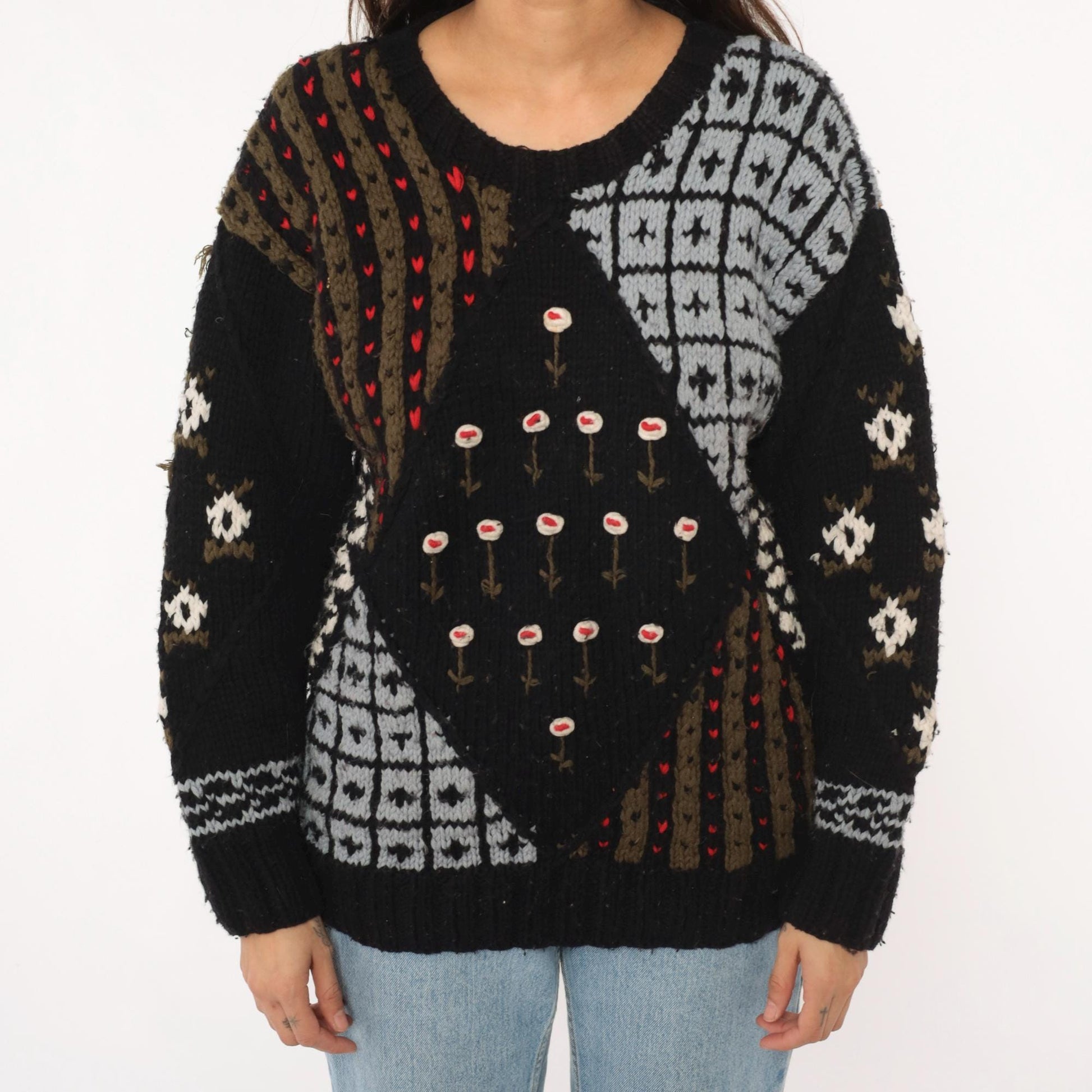80s Midnight Blues Patchwork Knit Sweater Black Geometric Floral Small