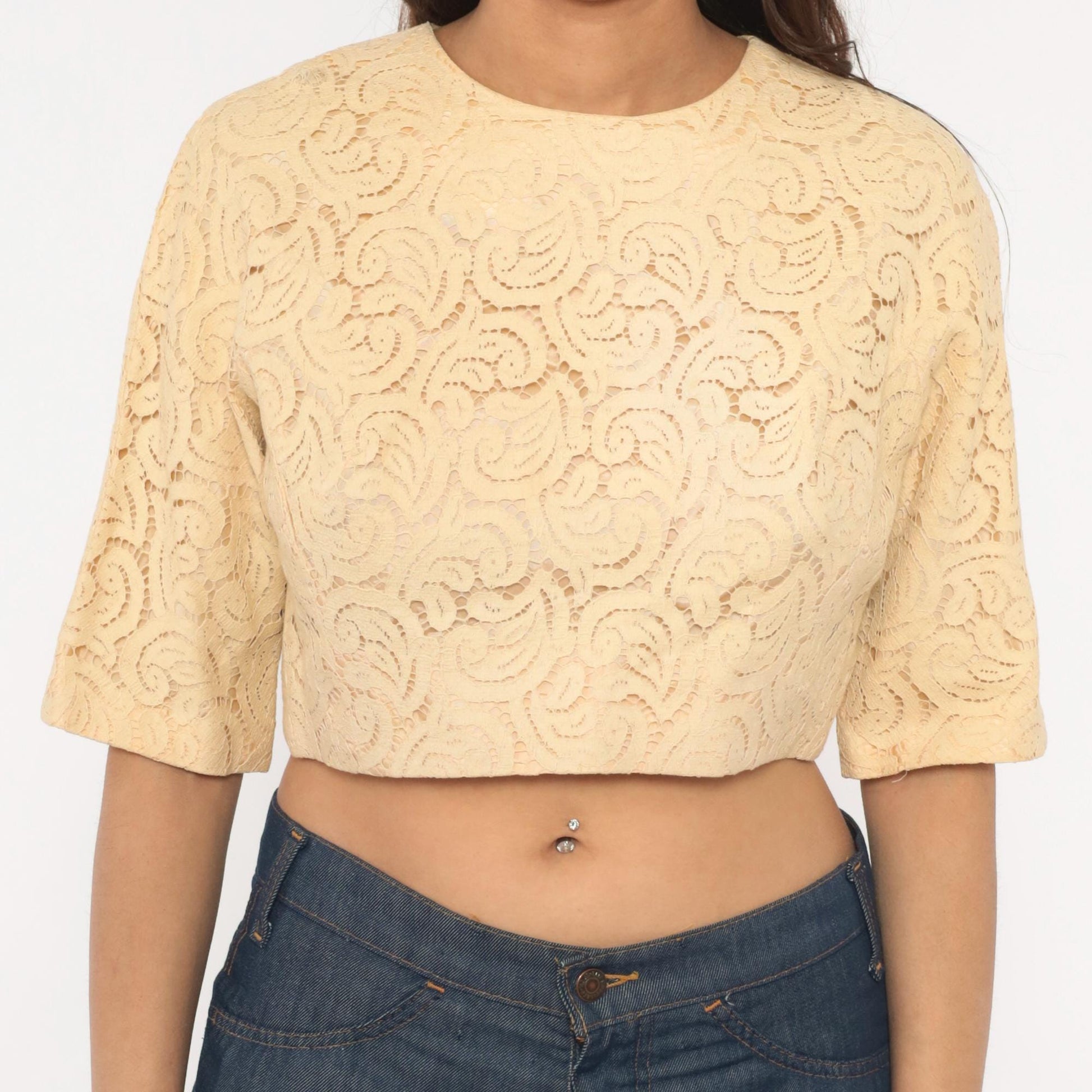 70s Carol Craig Cream Lace Crop Top Swirl Pattern Half Sleeve Medium M