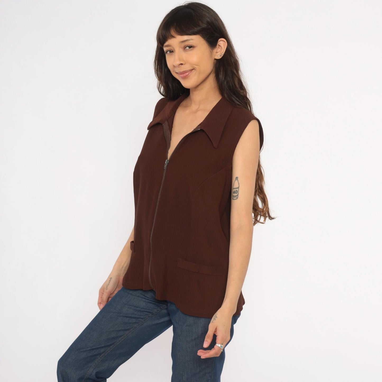 90s New Woman Brown Ribbed Knit Vest Pointed Collar Zip-Front Extra Large XL