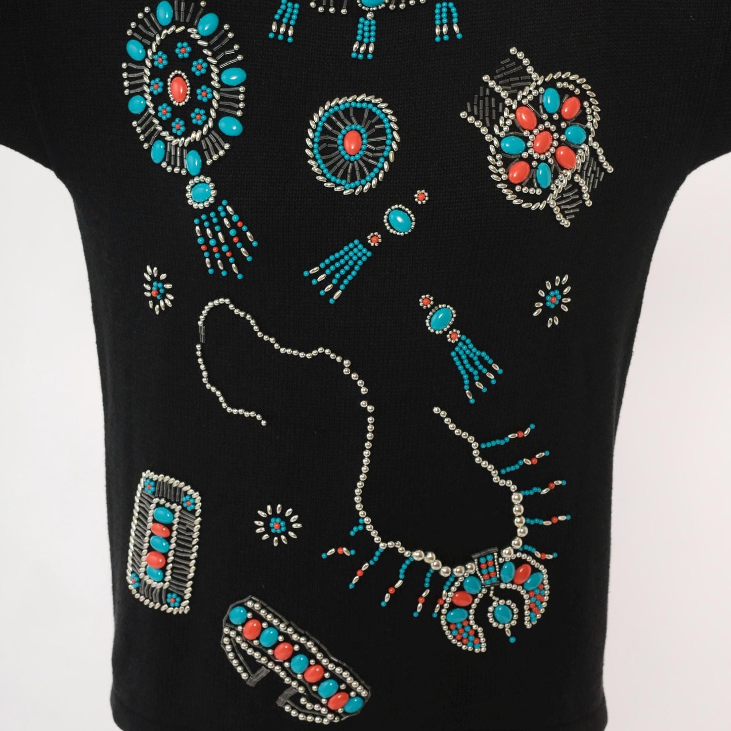 90s Victoria Jones Southwestern Sweatshirt Black Beaded Turquoise Coral Large L