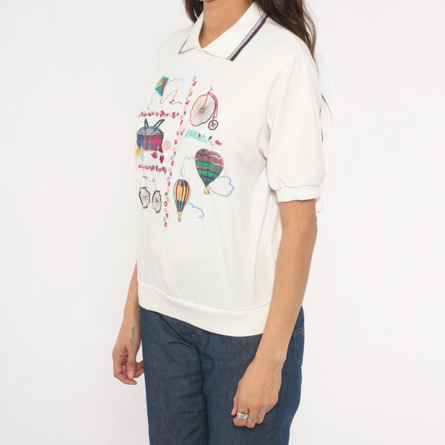 Alfred Dunner 80s Embroidered Polo Shirt Hot Air Balloon Bicycle White Petite Medium
