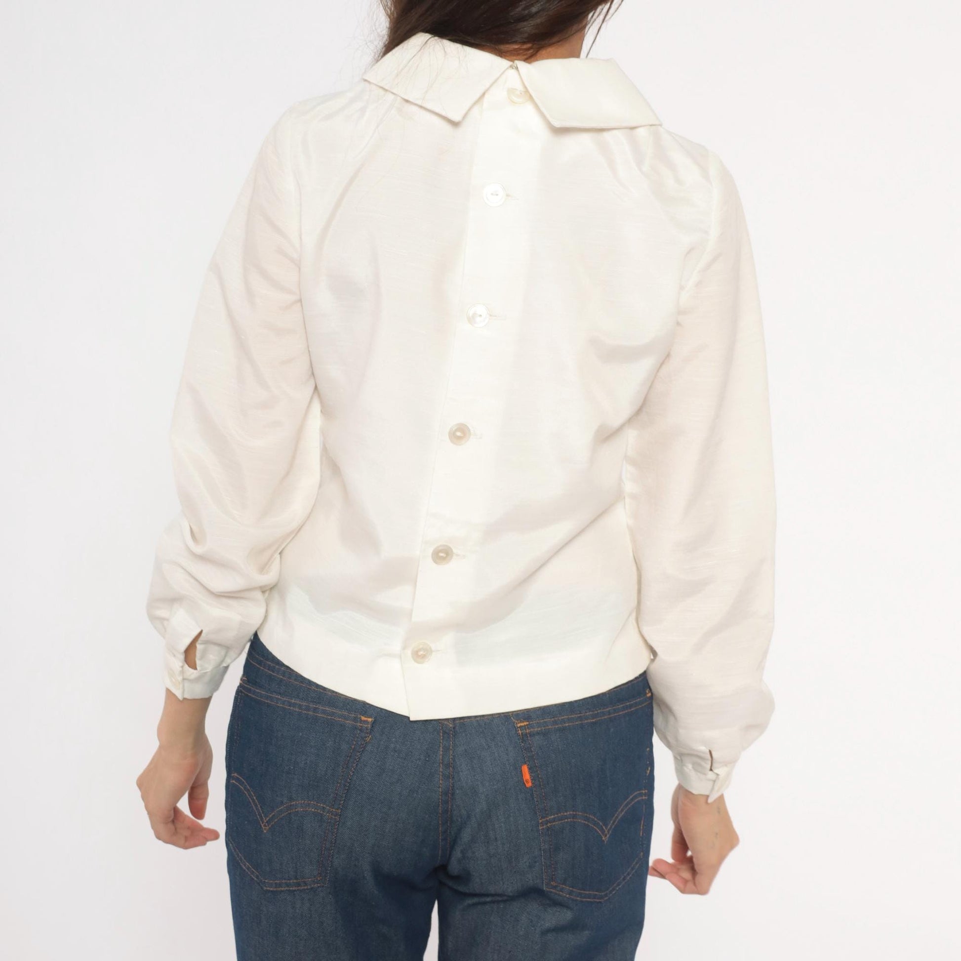 70s Cream Cowl Neck Blouse Balloon Sleeve Back Button Cropped Top Medium M
