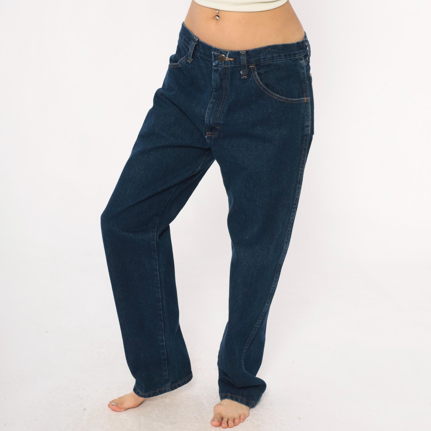 90s Rustler Dark Denim High Rise Straight Leg Jeans Navy Blue 34W