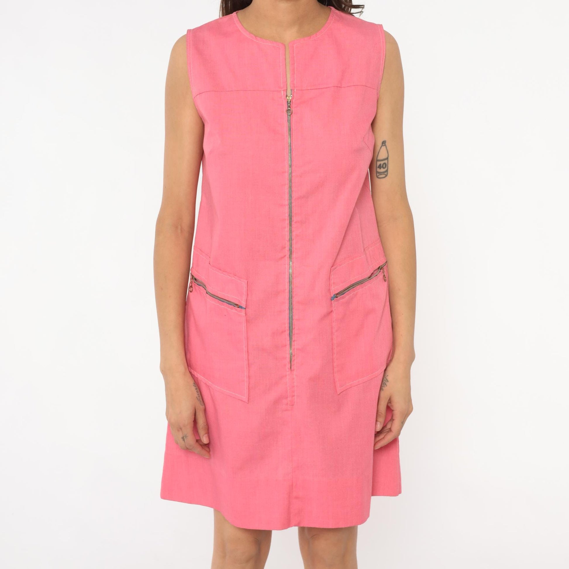 70s Hot Pink Montgomery Ward Mod Mini Dress Zipper Front Sleeveless Small