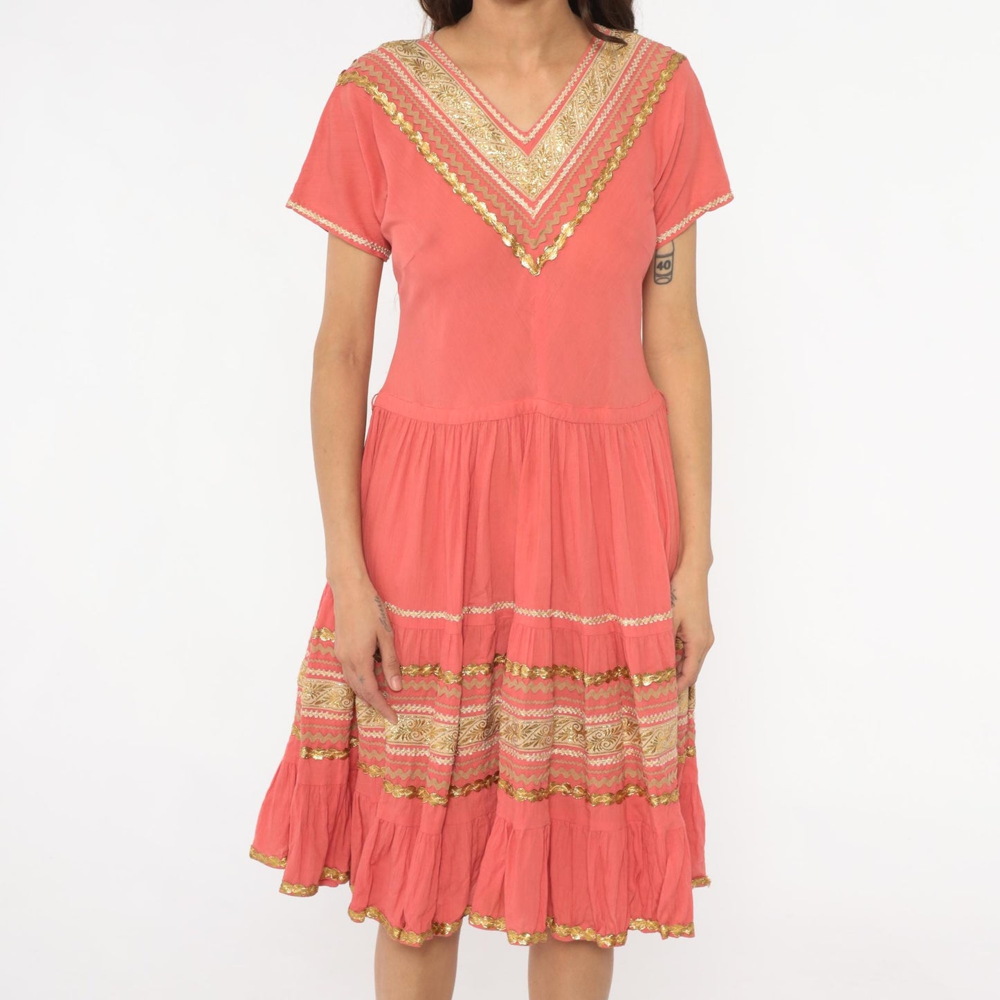 60s Faye Creations Prairie Dress Coral Pink Gold Trim Tiered Cotton Medium M