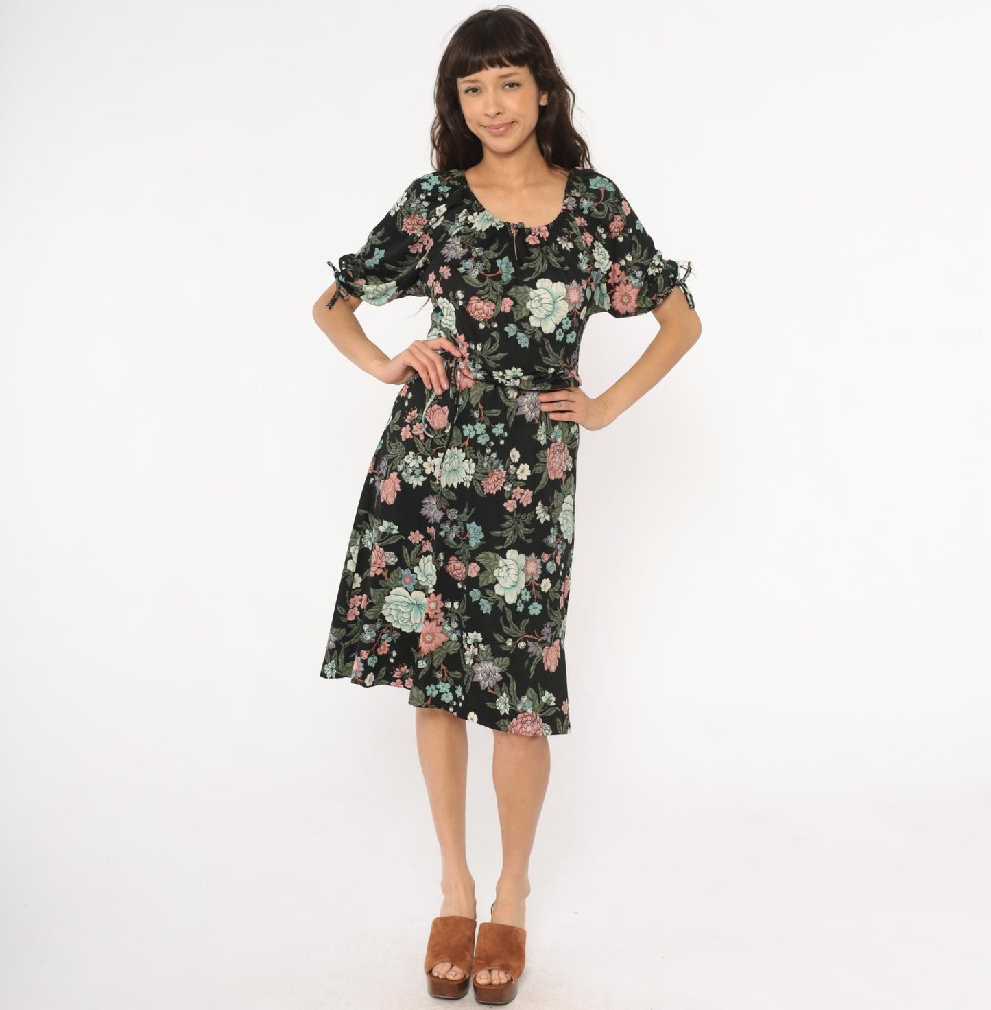 70s Black Floral Midi Dress Mint Pink Coral Tie Sleeve Small