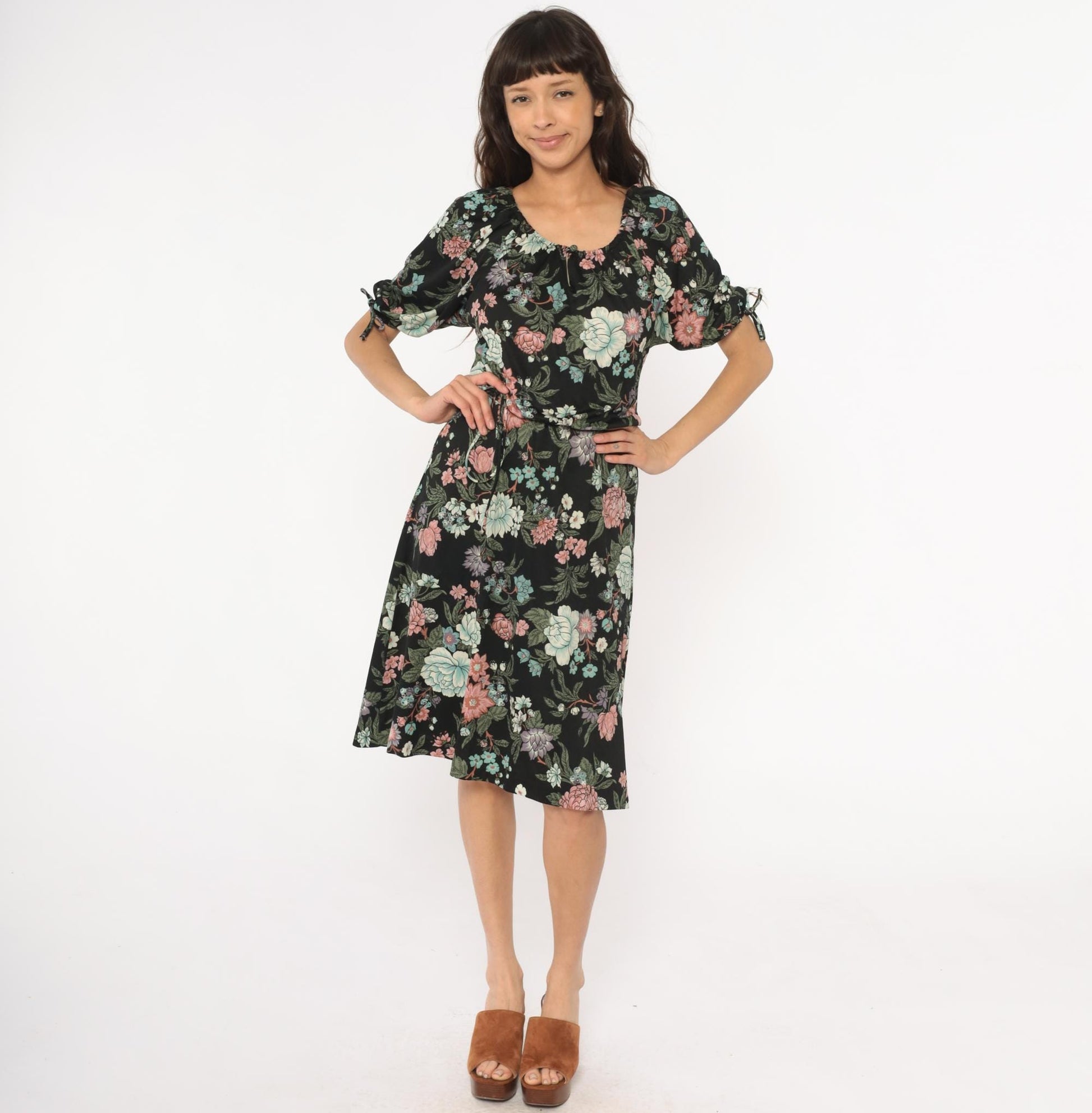 70s Black Floral Midi Dress Mint Pink Coral Tie Sleeve Small