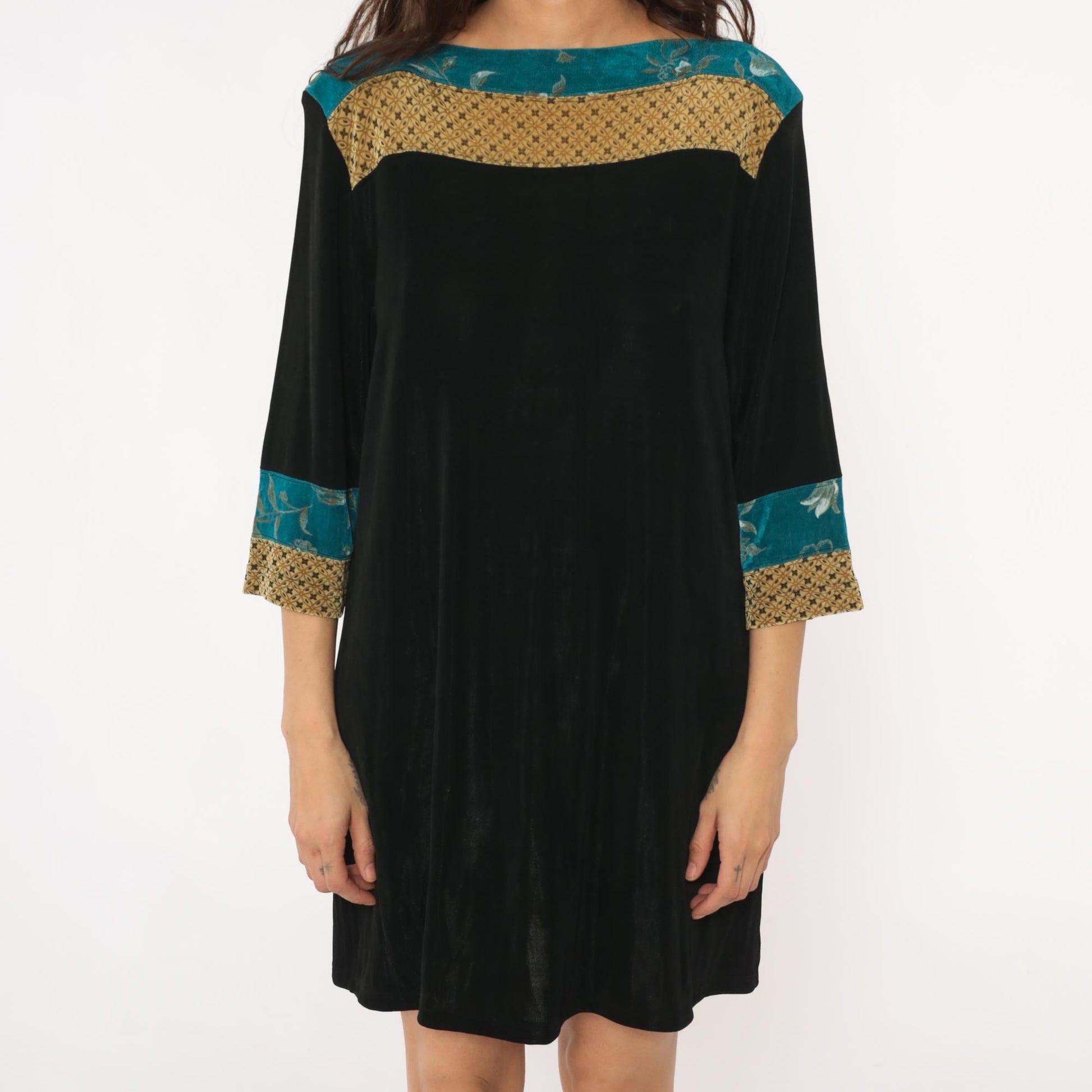 90s Vikki Vi Mini Dress Black Teal Floral Gold Colorblock Large L